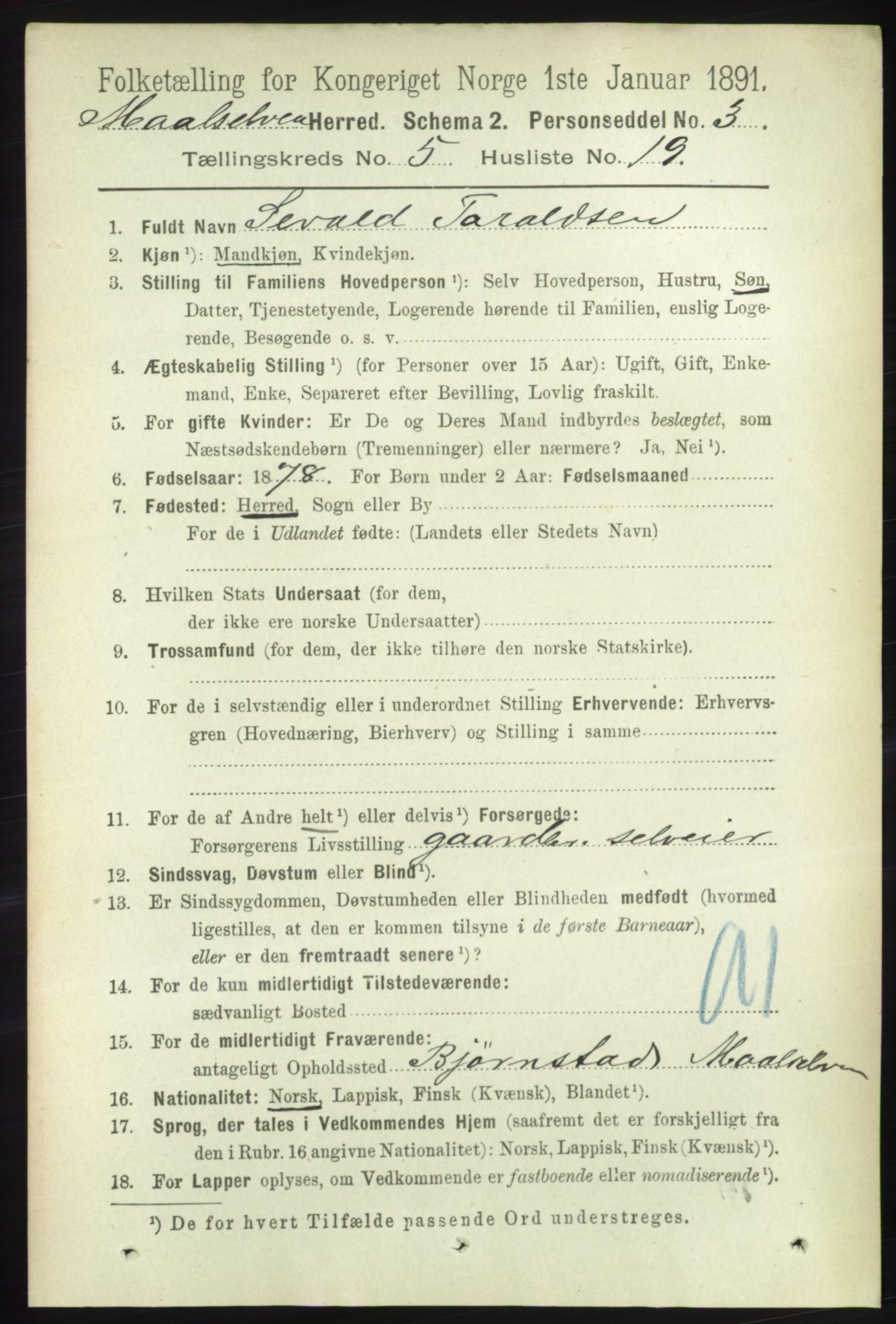 RA, 1891 census for 1924 Målselv, 1891, p. 1754