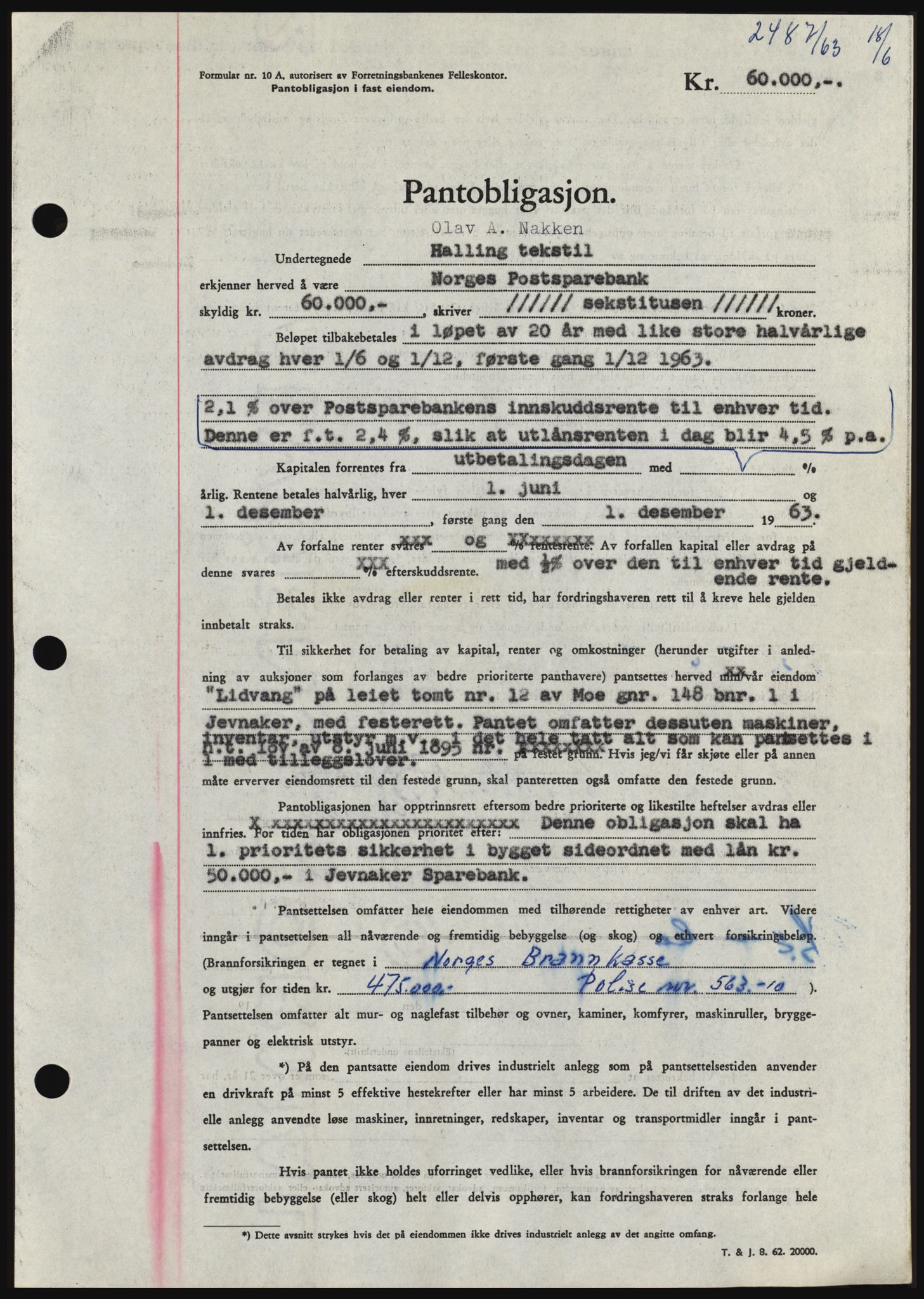 Hadeland og Land tingrett, AV/SAH-TING-010/H/Hb/Hbc/L0051: Mortgage book no. B51, 1963-1963, Diary no: : 2487/1963