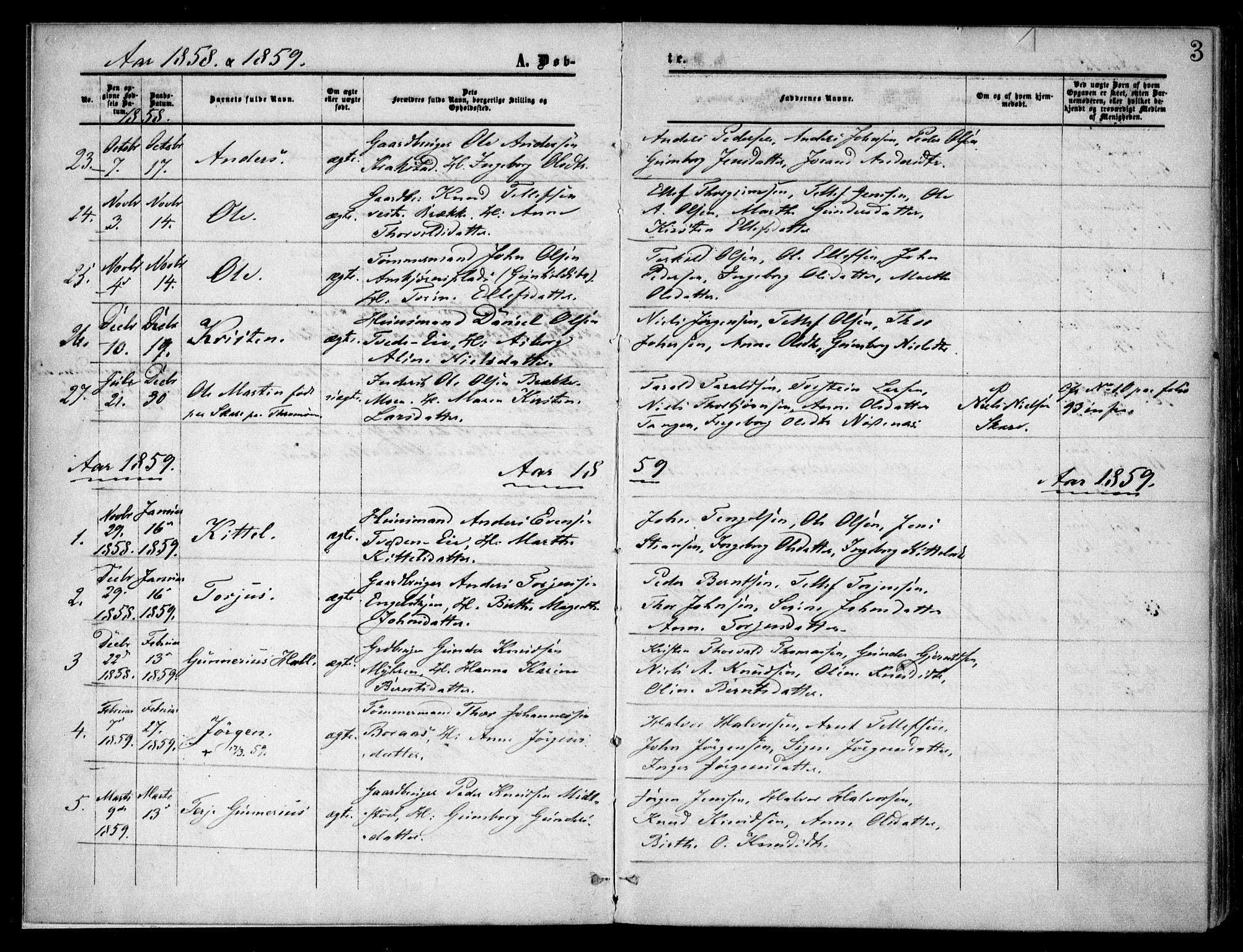 Austre Moland sokneprestkontor, SAK/1111-0001/F/Fa/Faa/L0008: Parish register (official) no. A 8, 1858-1868, p. 3