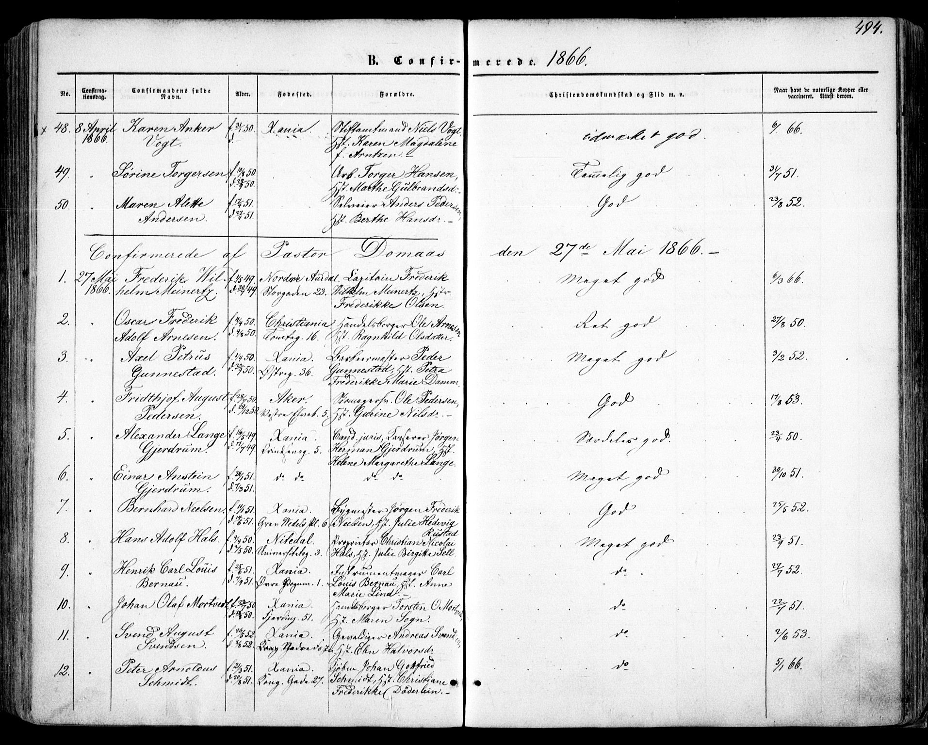 Oslo domkirke Kirkebøker, SAO/A-10752/F/Fa/L0015: Parish register (official) no. 15, 1857-1871, p. 494