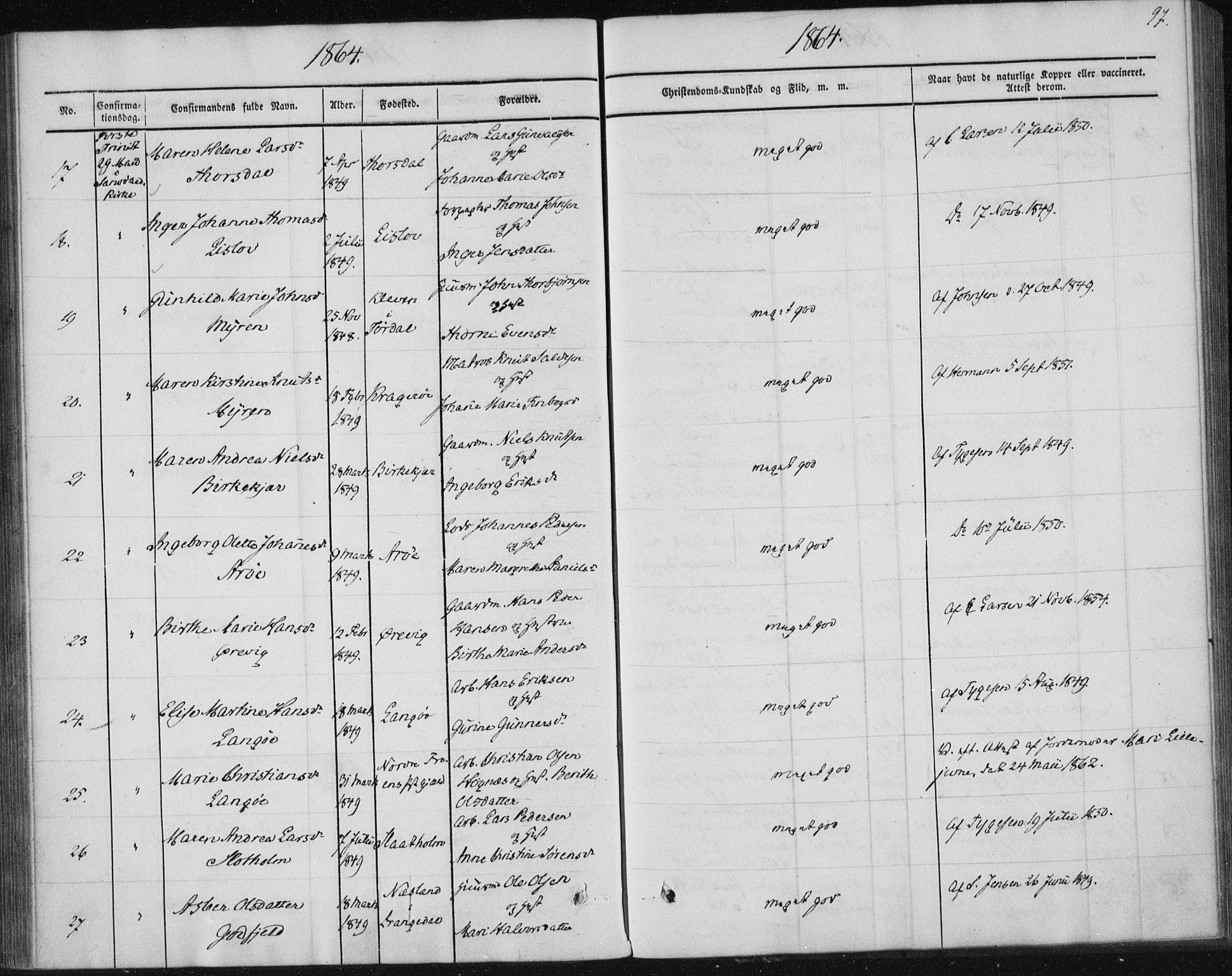 Sannidal kirkebøker, AV/SAKO-A-296/F/Fa/L0009: Parish register (official) no. 9, 1855-1873, p. 97