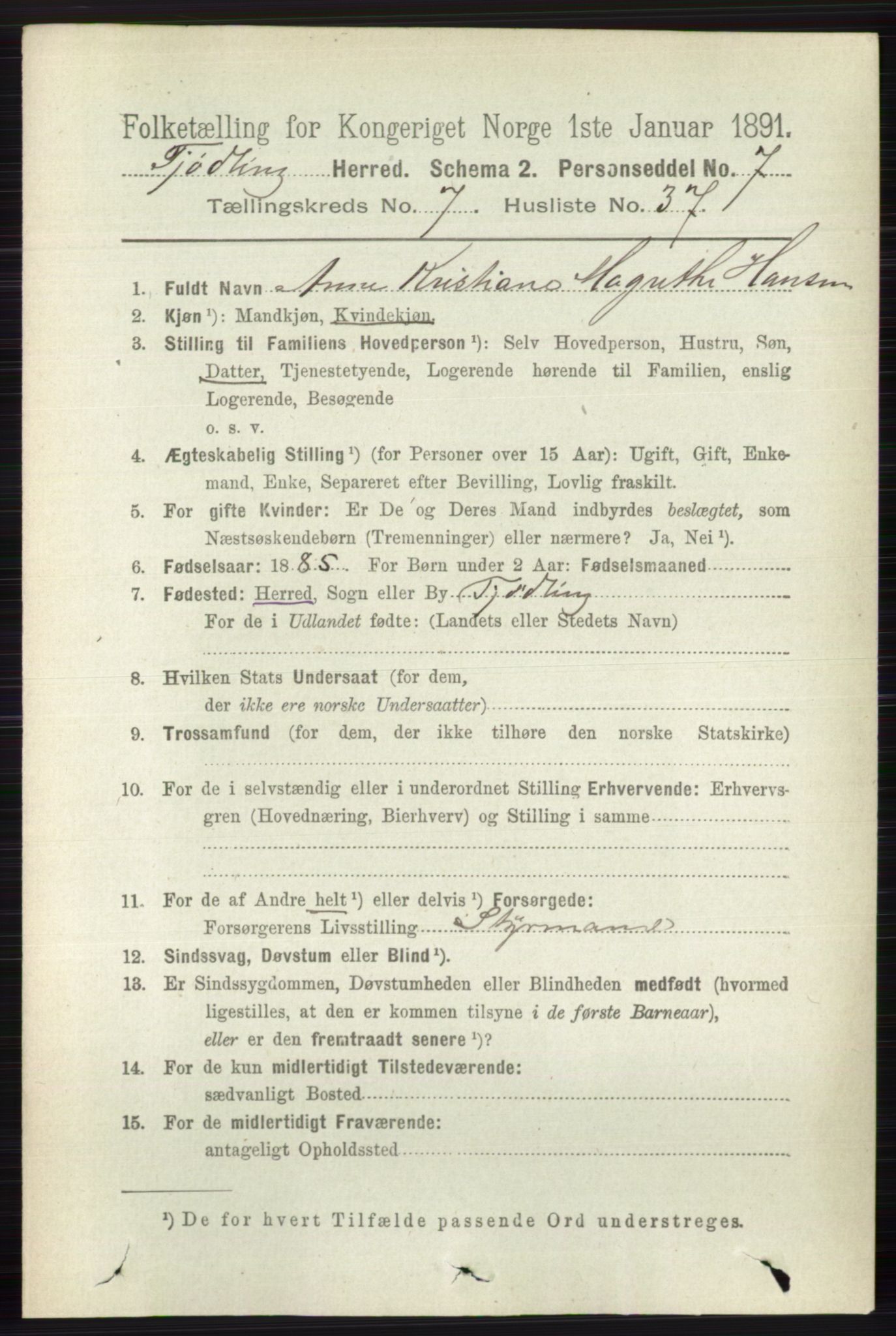 RA, 1891 census for 0725 Tjølling, 1891, p. 3917