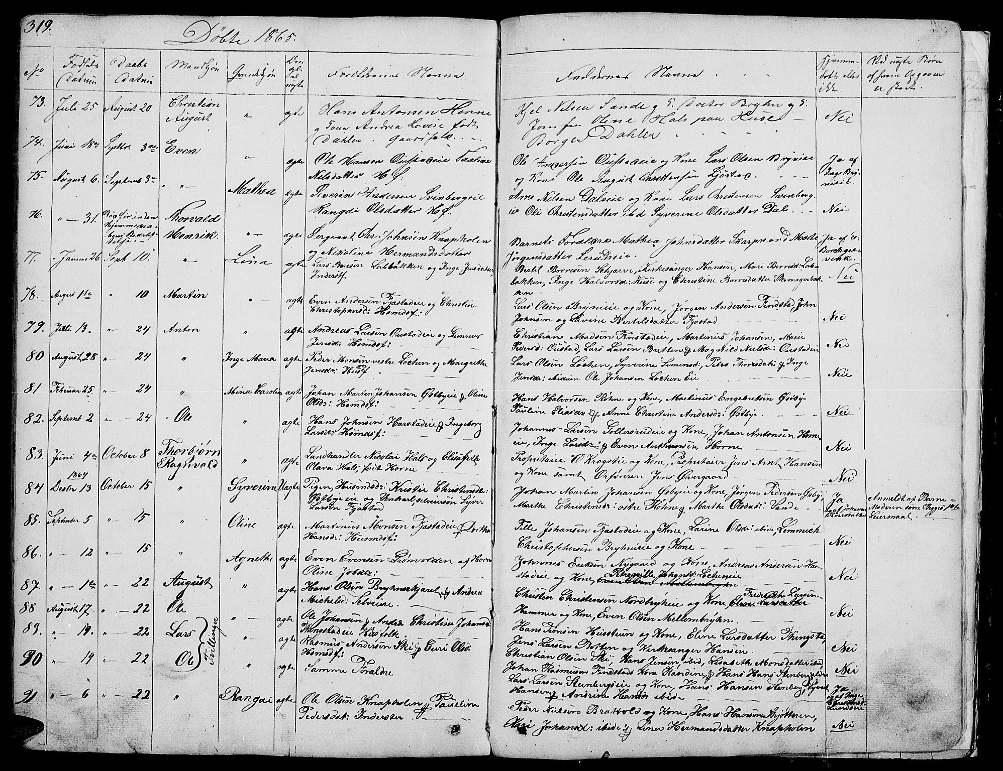 Romedal prestekontor, SAH/PREST-004/L/L0009: Parish register (copy) no. 9, 1846-1866, p. 319