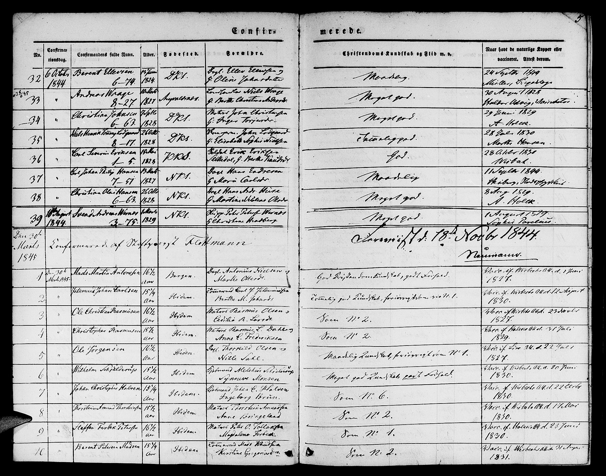 Nykirken Sokneprestembete, SAB/A-77101/H/Hab: Parish register (copy) no. C 1, 1844-1871, p. 5