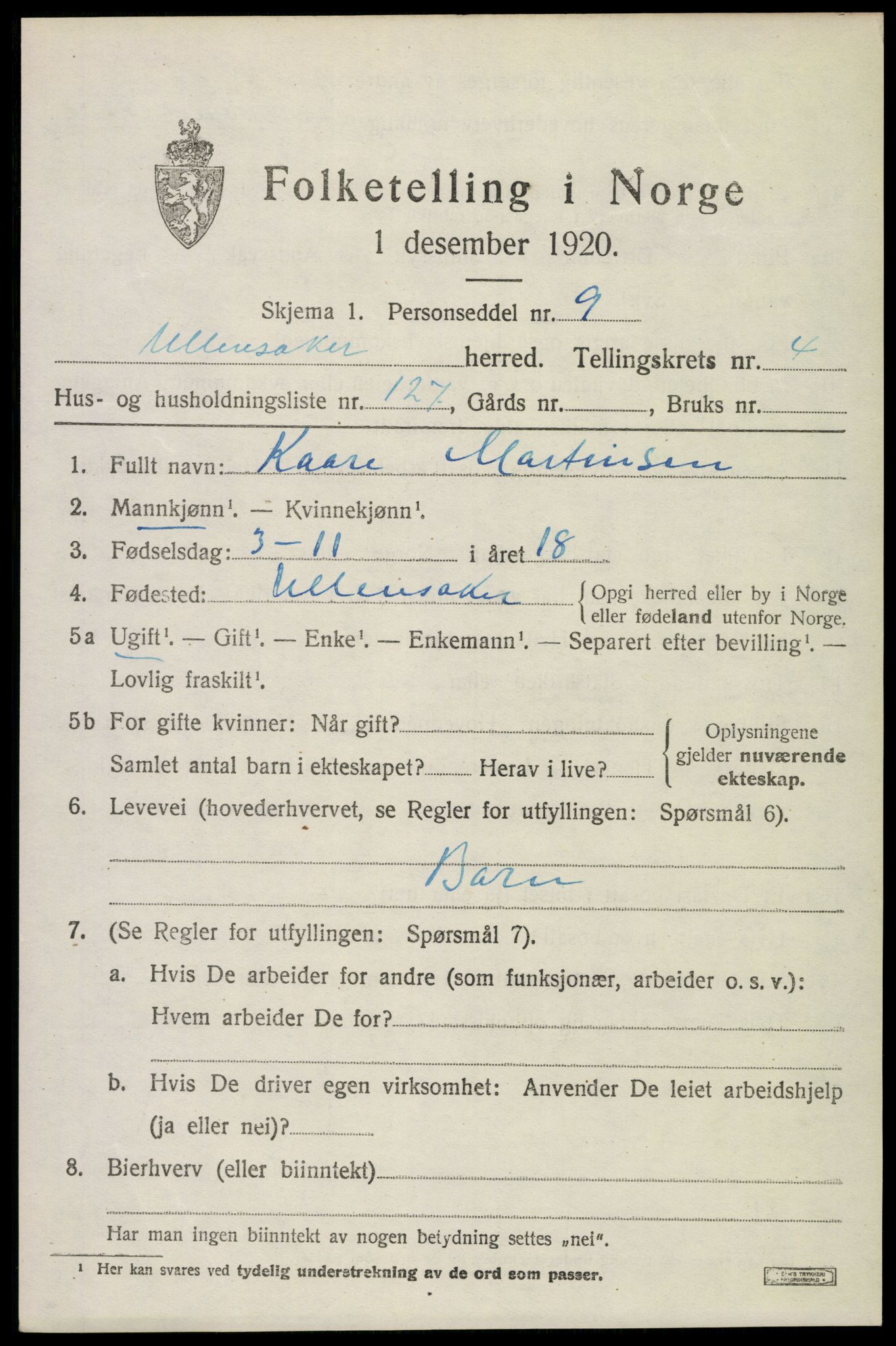 SAO, 1920 census for Ullensaker, 1920, p. 8823