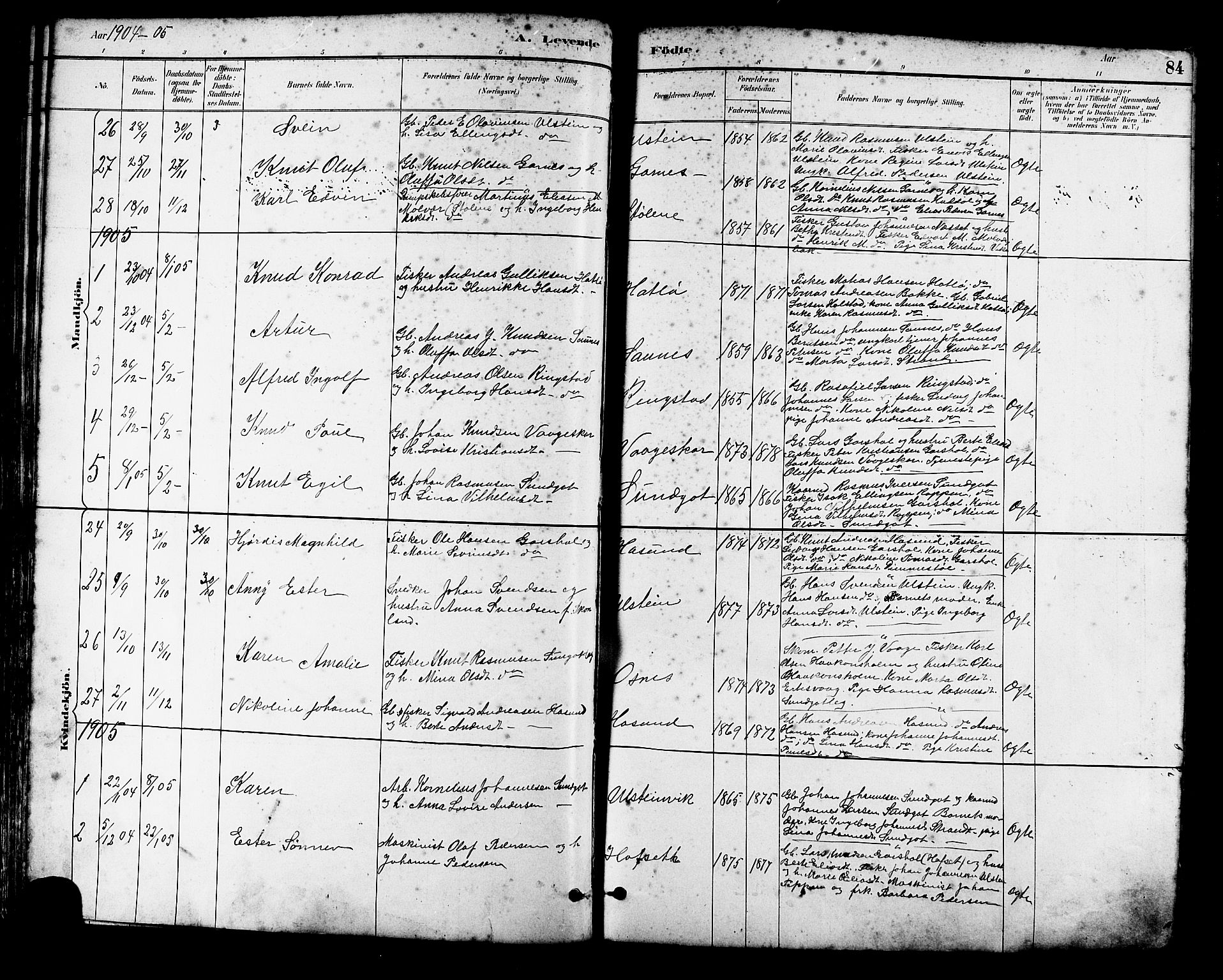 Ministerialprotokoller, klokkerbøker og fødselsregistre - Møre og Romsdal, SAT/A-1454/509/L0112: Parish register (copy) no. 509C02, 1883-1922, p. 84