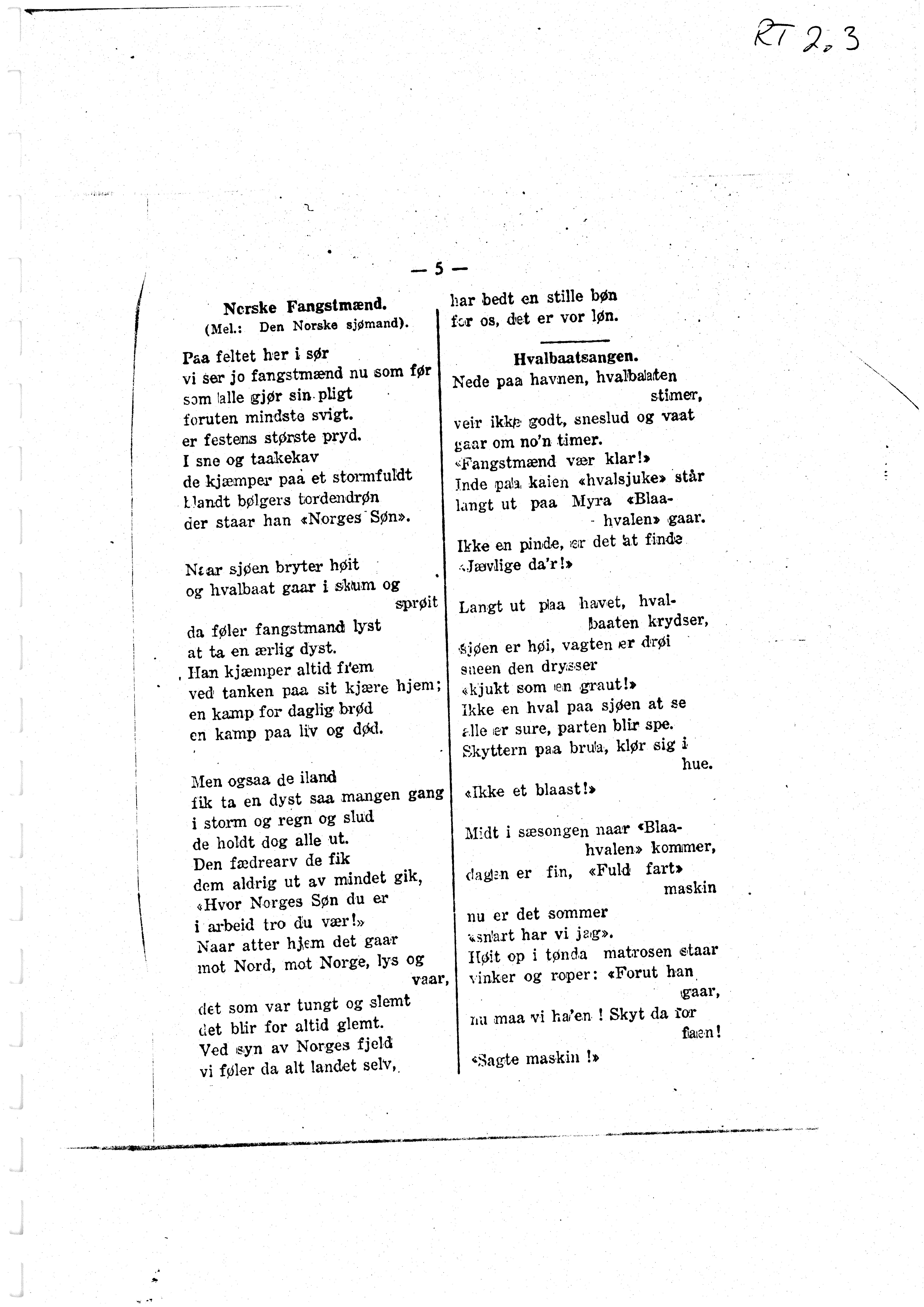 Sa 16 - Folkemusikk fra Vestfold, Gjerdesamlingen, VEMU/A-1868/H/L0003/0002: Innsamlet informasjon, kopier / 5b Fra hvalfangst: Revyviser, shanties, attester. 
Sandefjord Skøiteklubs revy, Komse-tegning