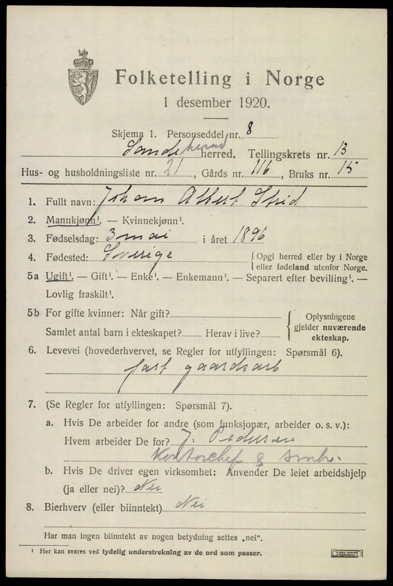SAKO, 1920 census for Sandeherred, 1920, p. 19462