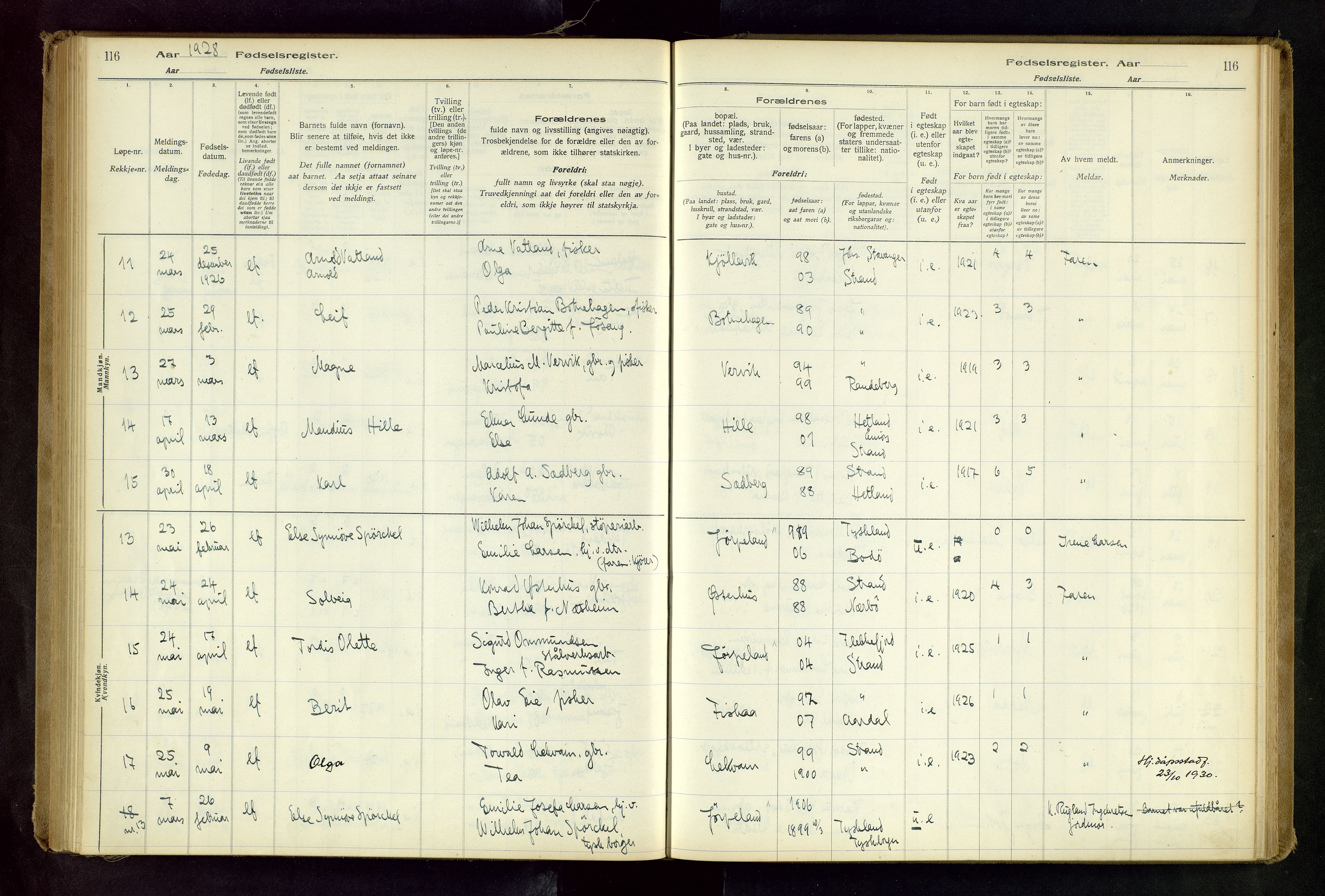 Strand sokneprestkontor, AV/SAST-A-101828/I/Id/L0001: Birth register no. 1, 1916-1938, p. 116