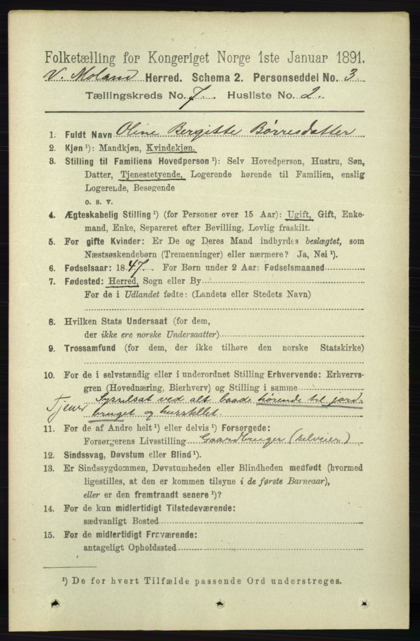 RA, 1891 census for 0926 Vestre Moland, 1891, p. 2805