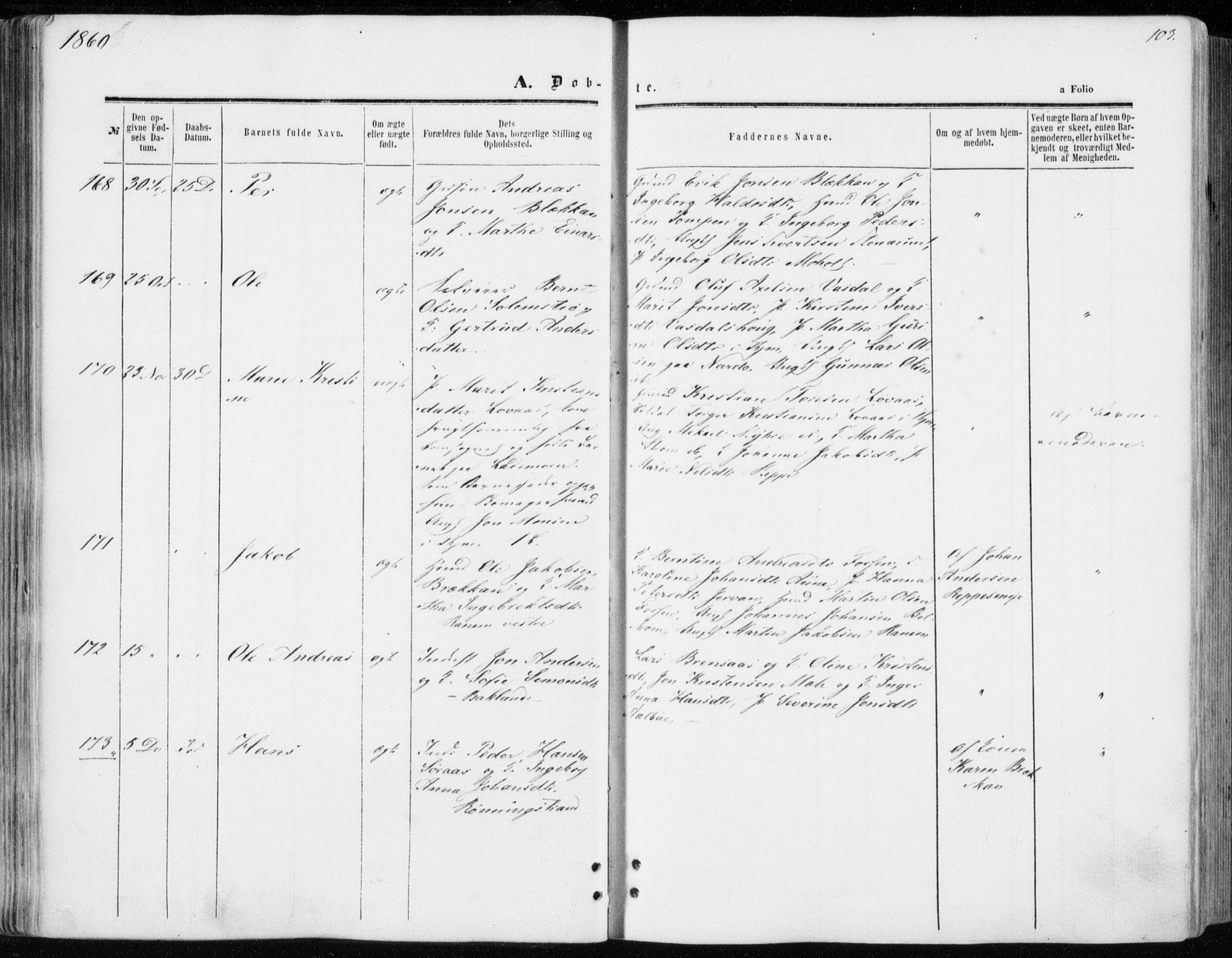 Ministerialprotokoller, klokkerbøker og fødselsregistre - Sør-Trøndelag, SAT/A-1456/606/L0292: Parish register (official) no. 606A07, 1856-1865, p. 103