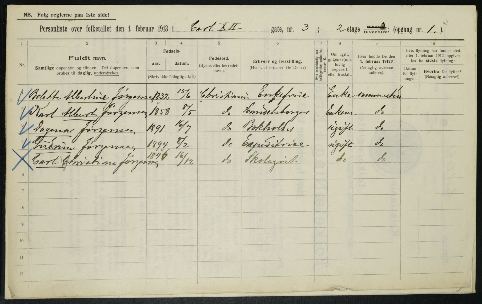 OBA, Municipal Census 1913 for Kristiania, 1913, p. 48023