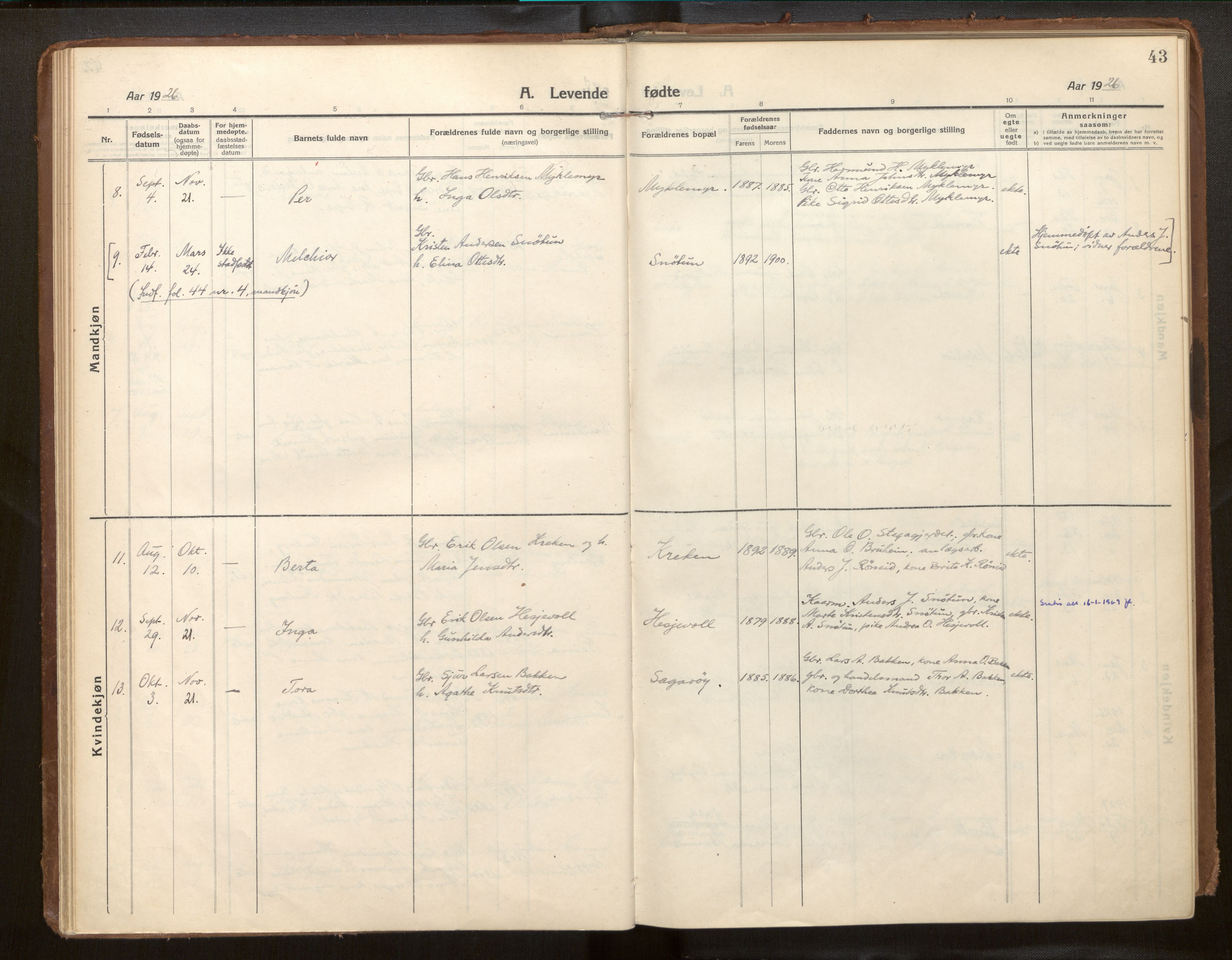 Jostedal sokneprestembete, SAB/A-80601/H/Haa/Haab/L0002: Parish register (official) no. B 2, 1915-1931, p. 43