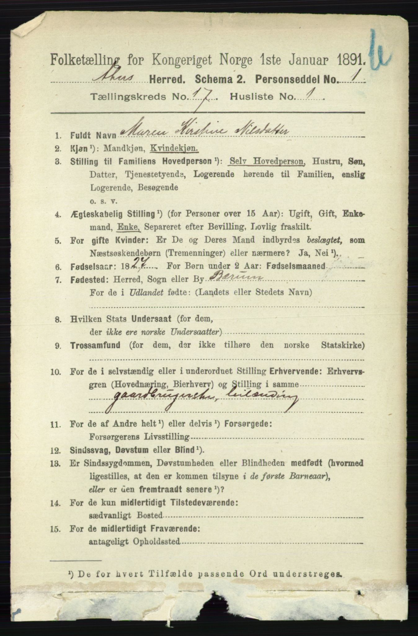 RA, 1891 census for 0218 Aker, 1891, p. 15849