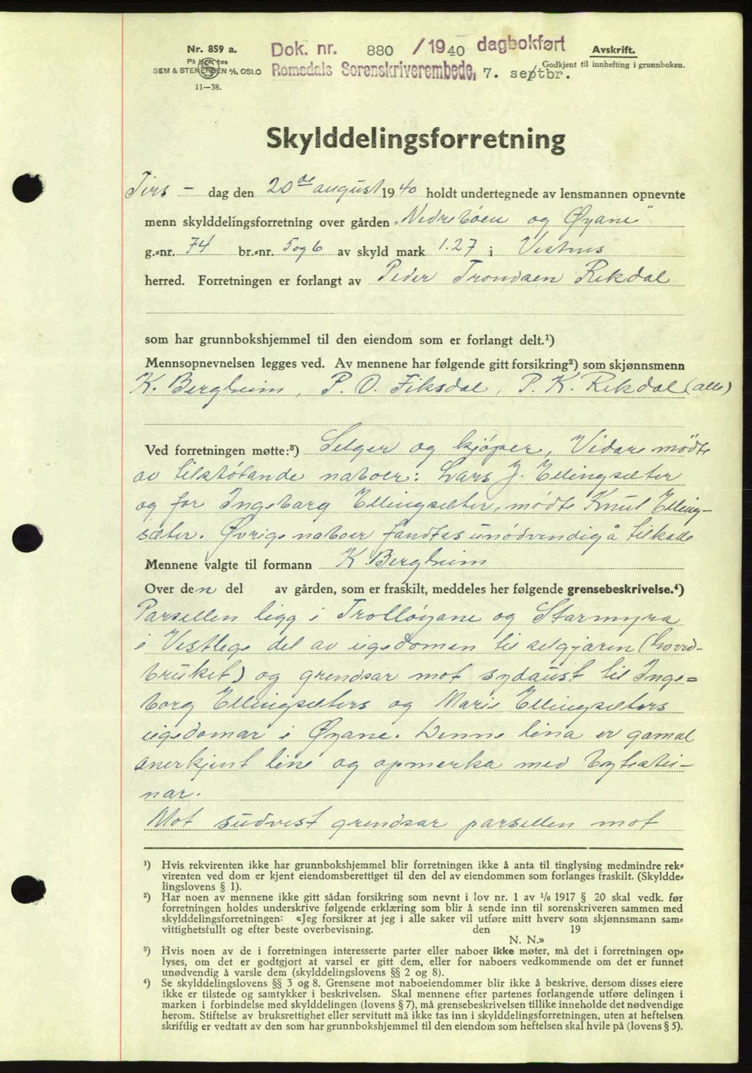 Romsdal sorenskriveri, AV/SAT-A-4149/1/2/2C: Mortgage book no. A8, 1939-1940, Diary no: : 880/1940