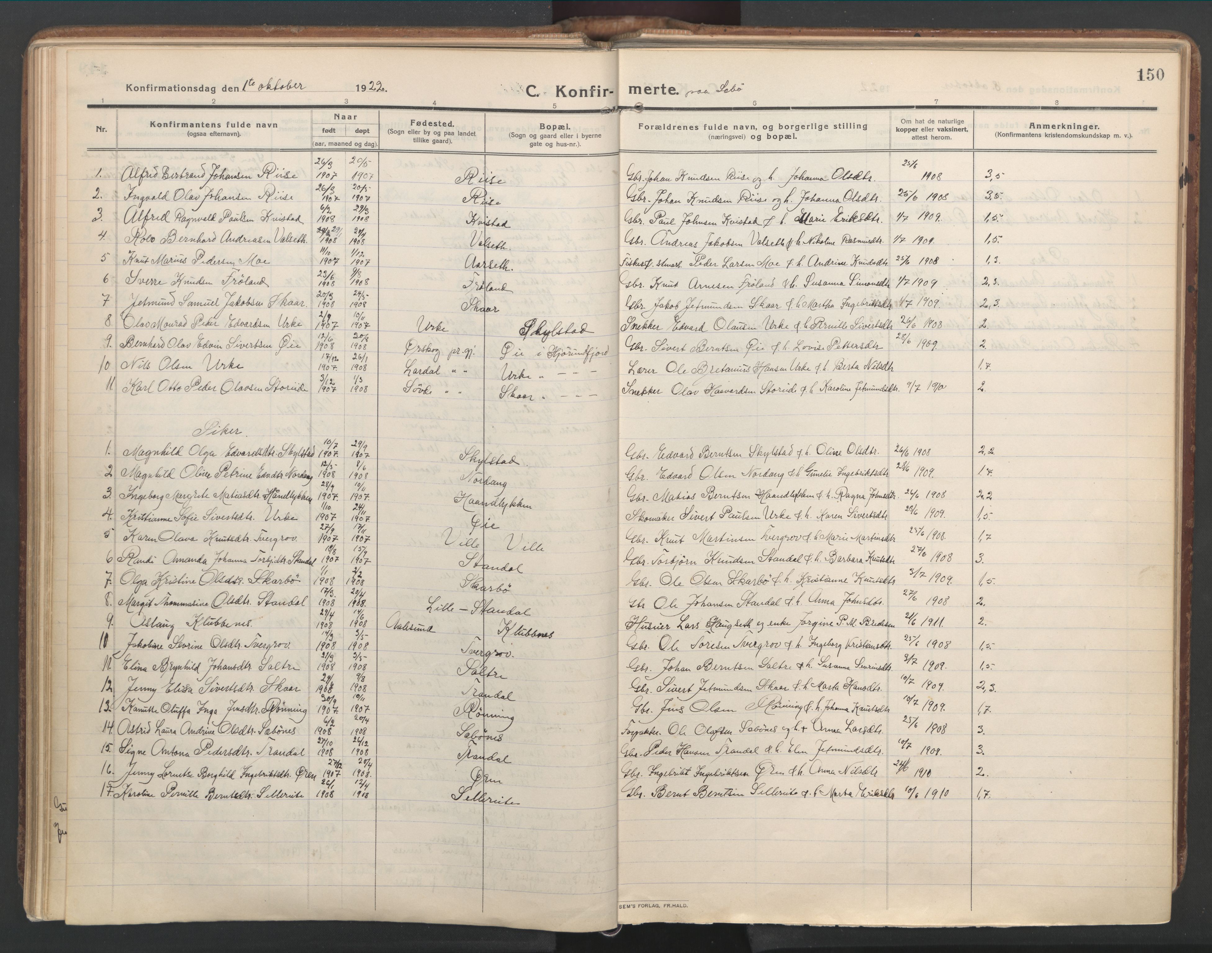 Ministerialprotokoller, klokkerbøker og fødselsregistre - Møre og Romsdal, AV/SAT-A-1454/515/L0212: Parish register (official) no. 515A08, 1911-1935, p. 150