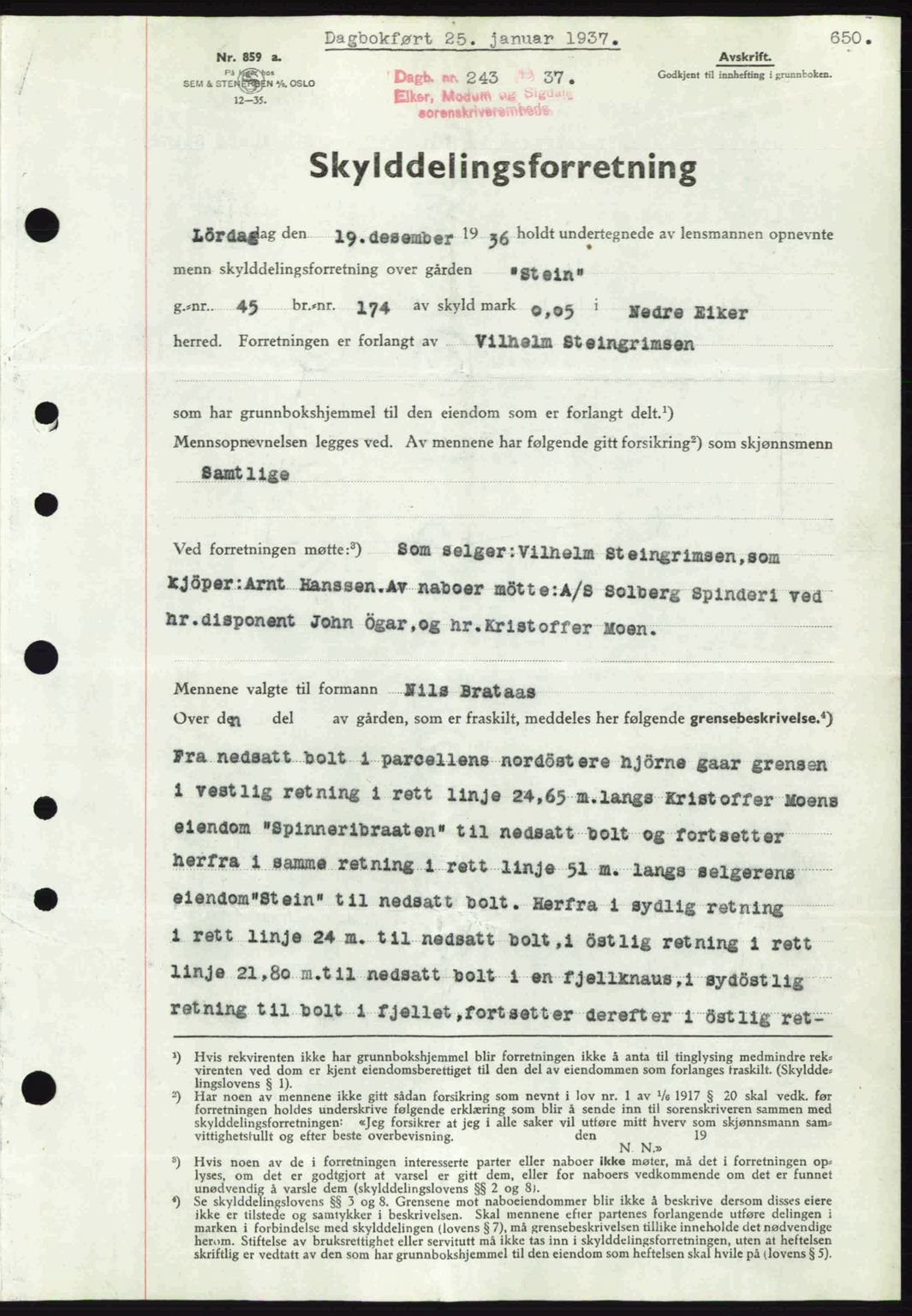 Eiker, Modum og Sigdal sorenskriveri, SAKO/A-123/G/Ga/Gab/L0034: Mortgage book no. A4, 1936-1937, Diary no: : 243/1937