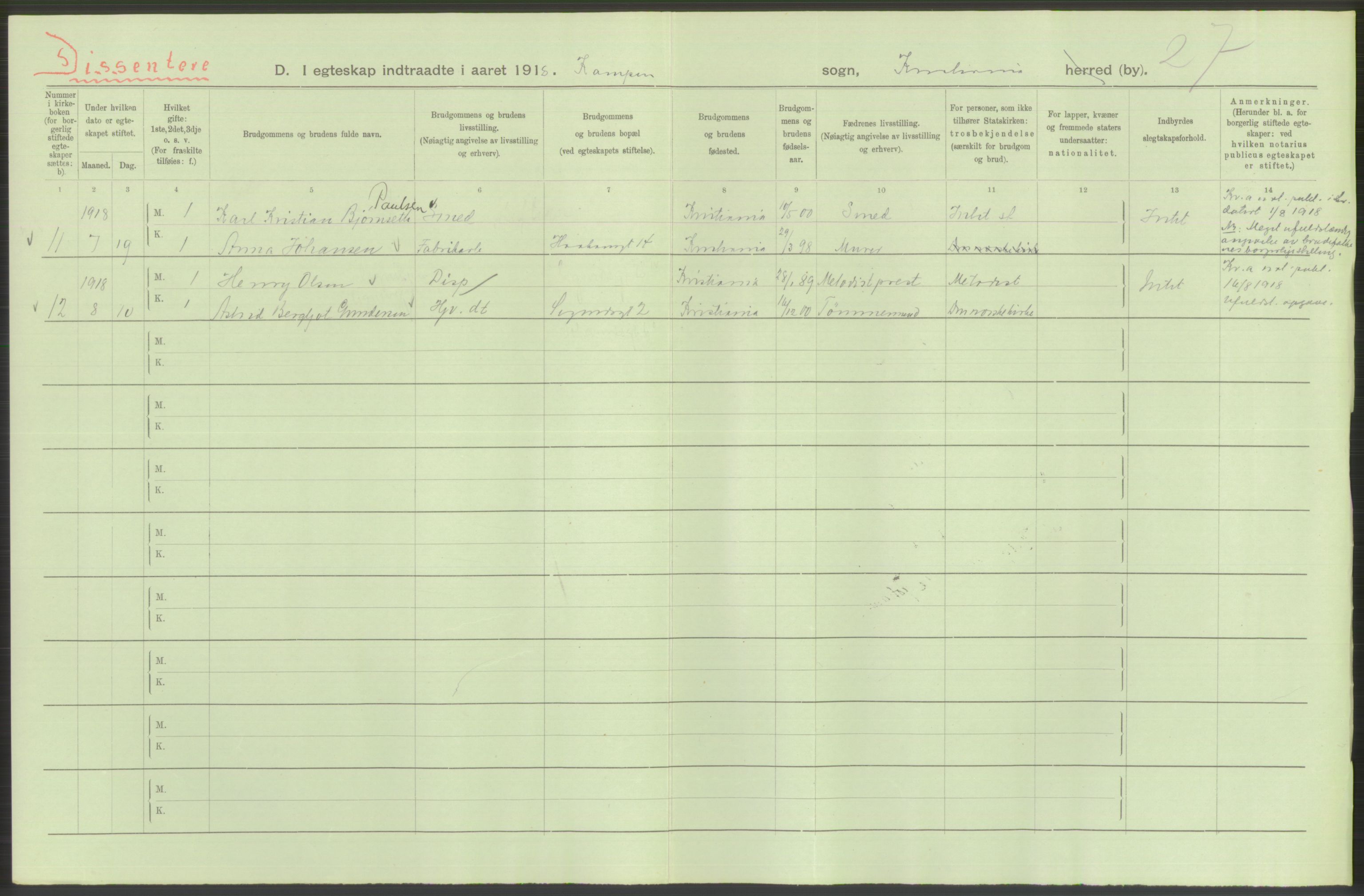 Statistisk sentralbyrå, Sosiodemografiske emner, Befolkning, AV/RA-S-2228/D/Df/Dfb/Dfbh/L0009: Kristiania: Gifte, 1918, p. 912