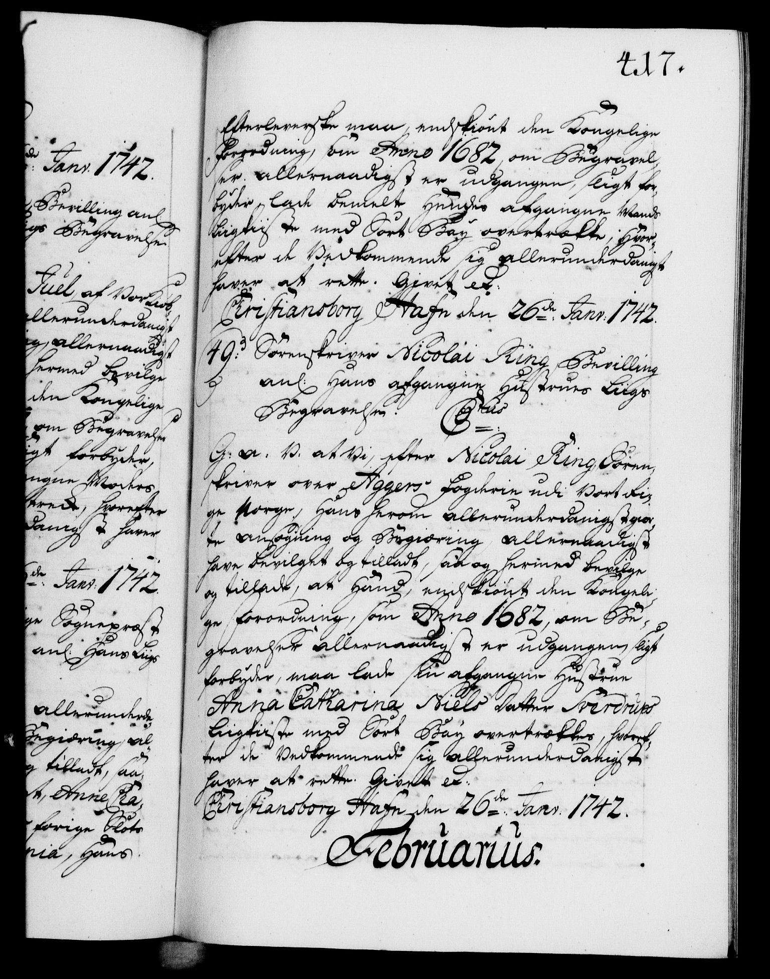 Danske Kanselli 1572-1799, AV/RA-EA-3023/F/Fc/Fca/Fcaa/L0032: Norske registre, 1741-1742, p. 417a