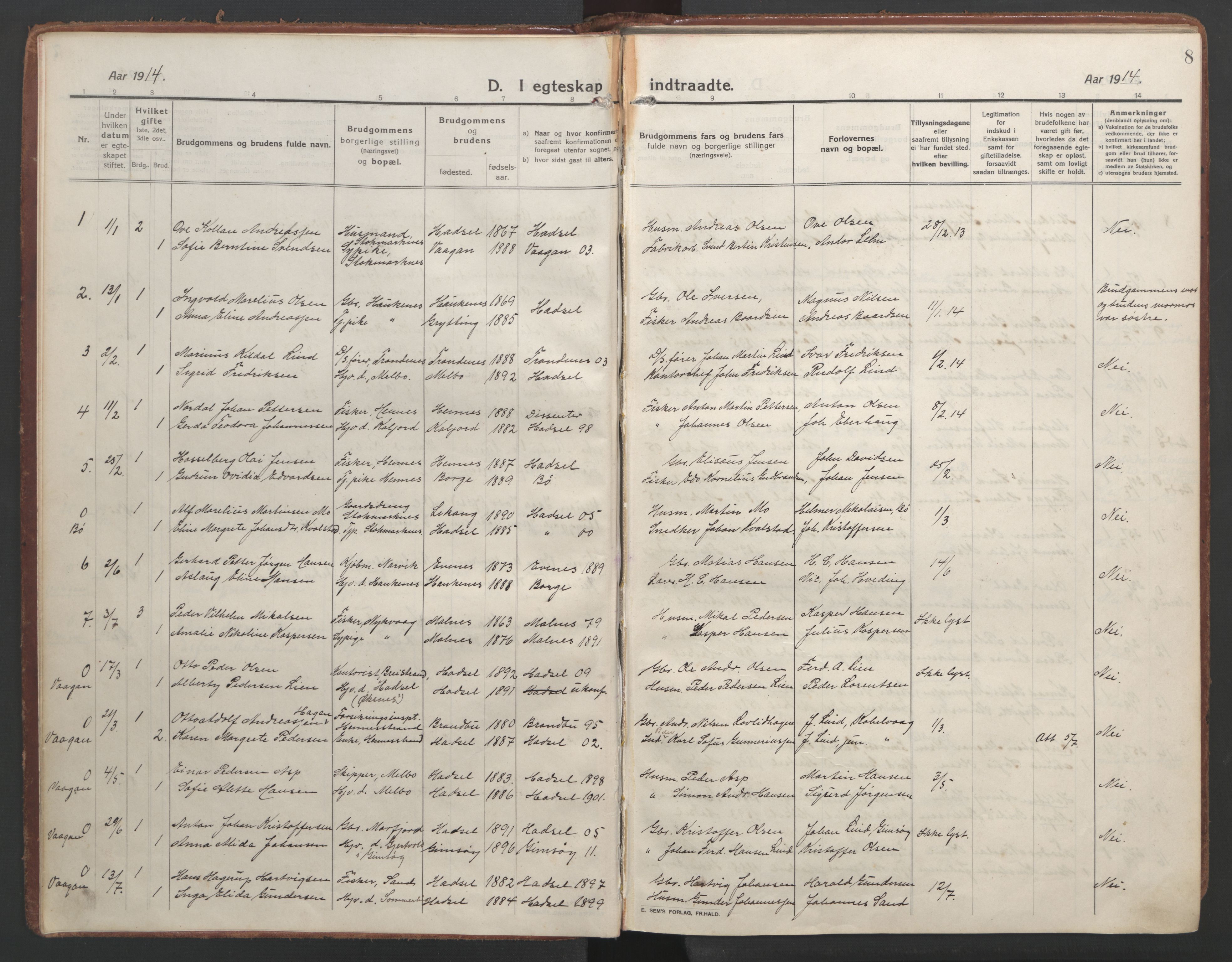 Ministerialprotokoller, klokkerbøker og fødselsregistre - Nordland, AV/SAT-A-1459/888/L1251: Parish register (official) no. 888A17, 1913-1925, p. 8