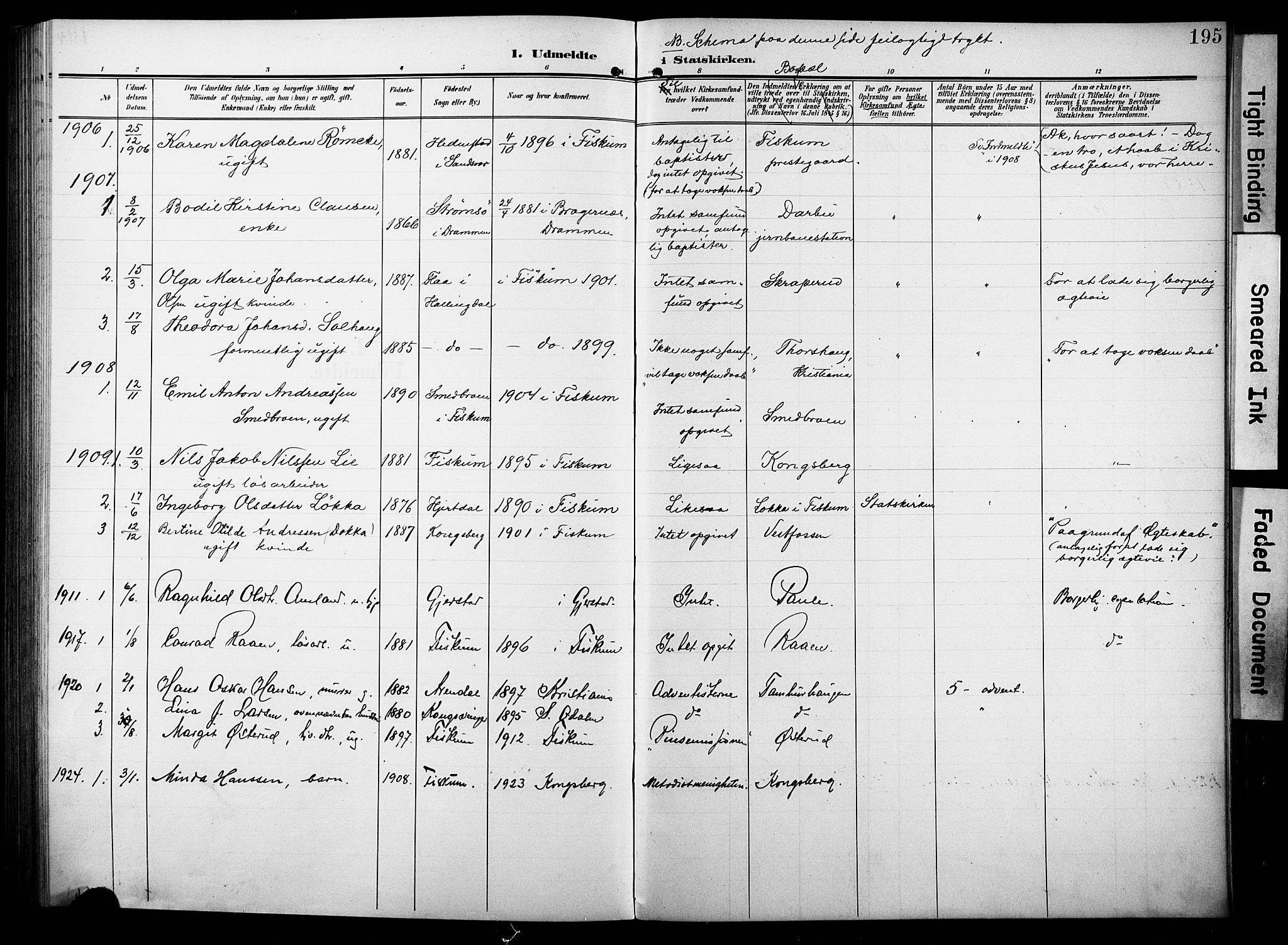 Fiskum kirkebøker, AV/SAKO-A-15/F/Fa/L0004: Parish register (official) no. 4, 1906-1924, p. 195