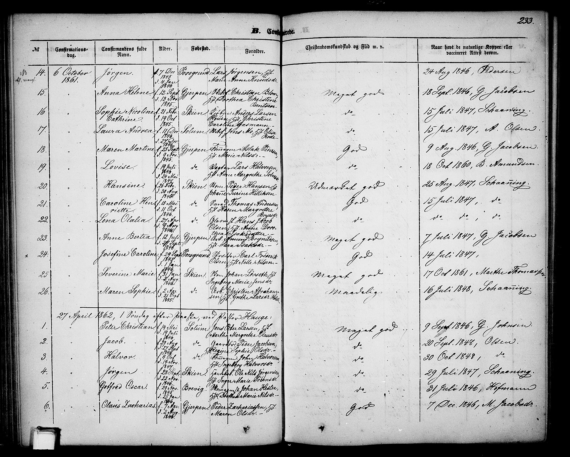 Skien kirkebøker, SAKO/A-302/G/Ga/L0004: Parish register (copy) no. 4, 1843-1867, p. 233