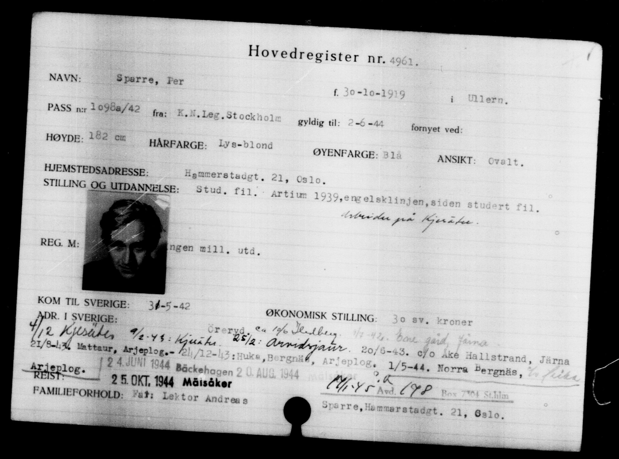 Utenriksstasjonene, Legasjonen i Stockholm, Flyktningkontoret, AV/RA-S-6753/V/Va/L0004: Kjesäterkartoteket, flyktninger med registreringsnr. 3496-6610, 1940-1945, p. 1742