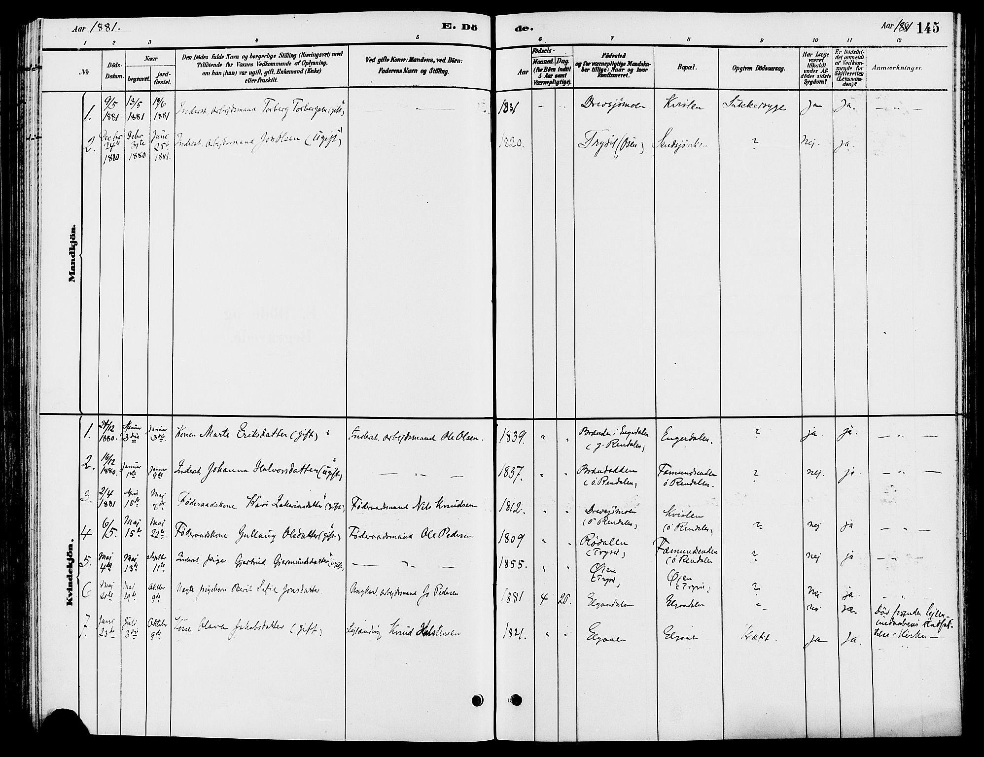 Engerdal prestekontor, AV/SAH-PREST-048/H/Ha/Haa/L0001: Parish register (official) no. 1, 1881-1898, p. 145