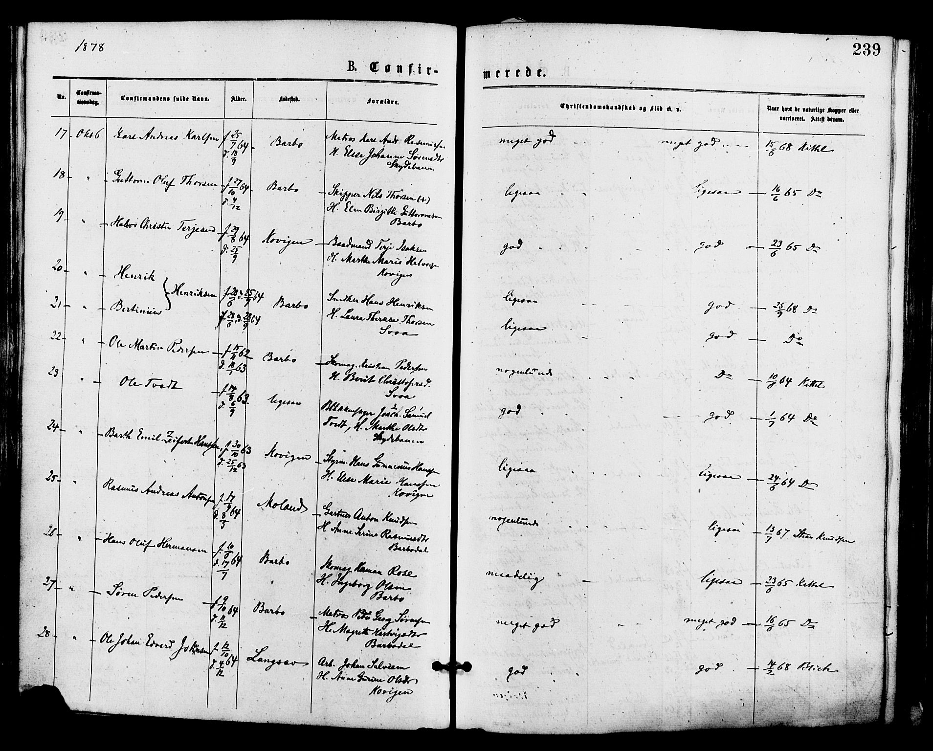 Barbu sokneprestkontor, AV/SAK-1111-0003/F/Fa/L0001: Parish register (official) no. A 1 /1, 1878-1883, p. 239