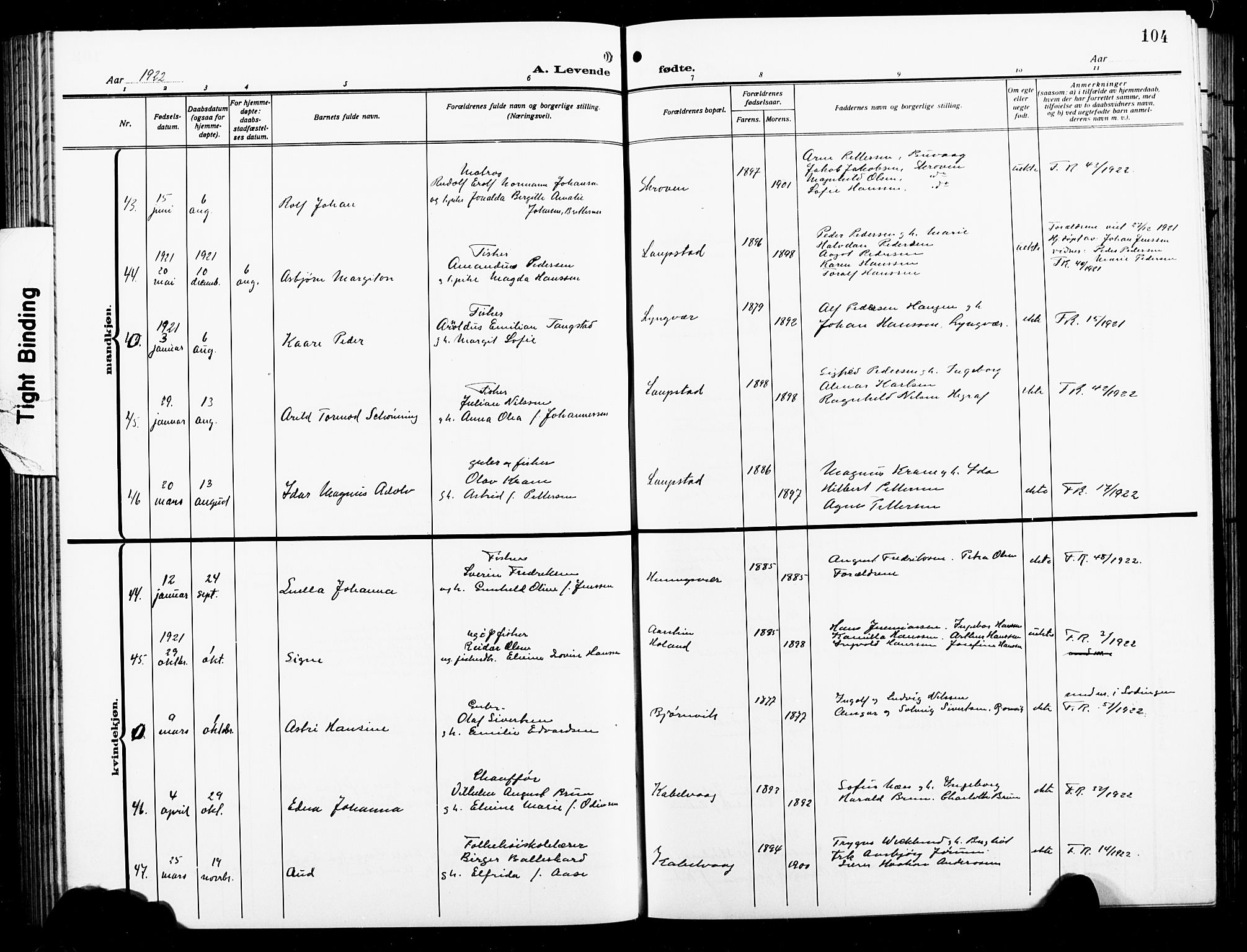 Ministerialprotokoller, klokkerbøker og fødselsregistre - Nordland, AV/SAT-A-1459/874/L1080: Parish register (copy) no. 874C09, 1915-1925, p. 104