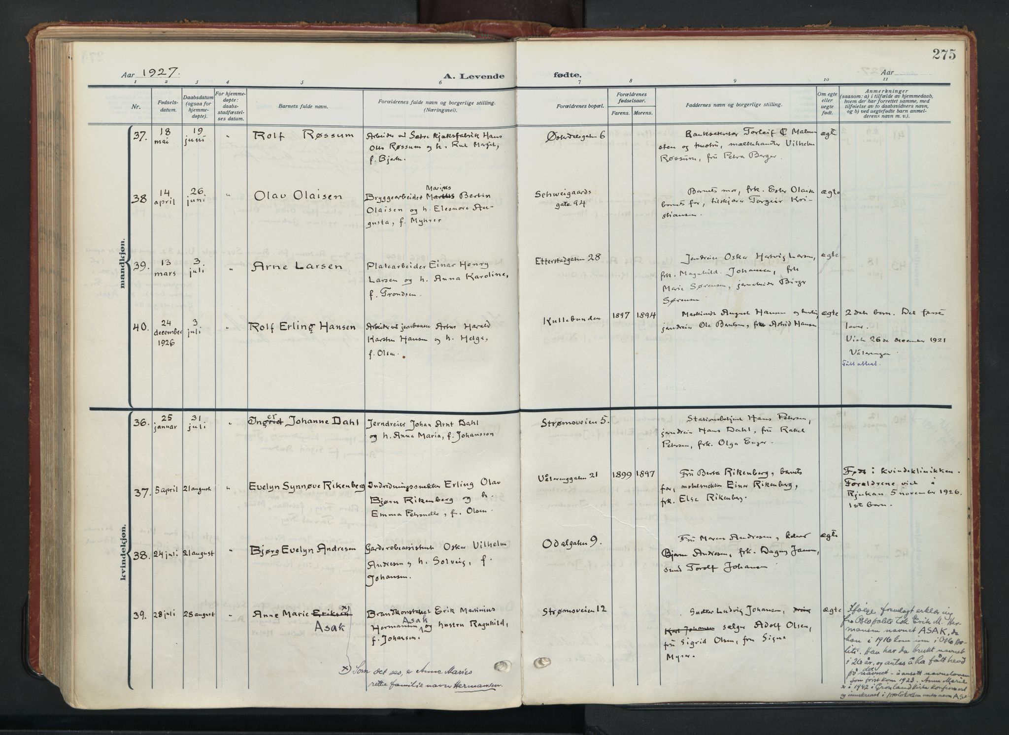Vålerengen prestekontor Kirkebøker, AV/SAO-A-10878/F/Fa/L0004: Parish register (official) no. 4, 1915-1929, p. 275