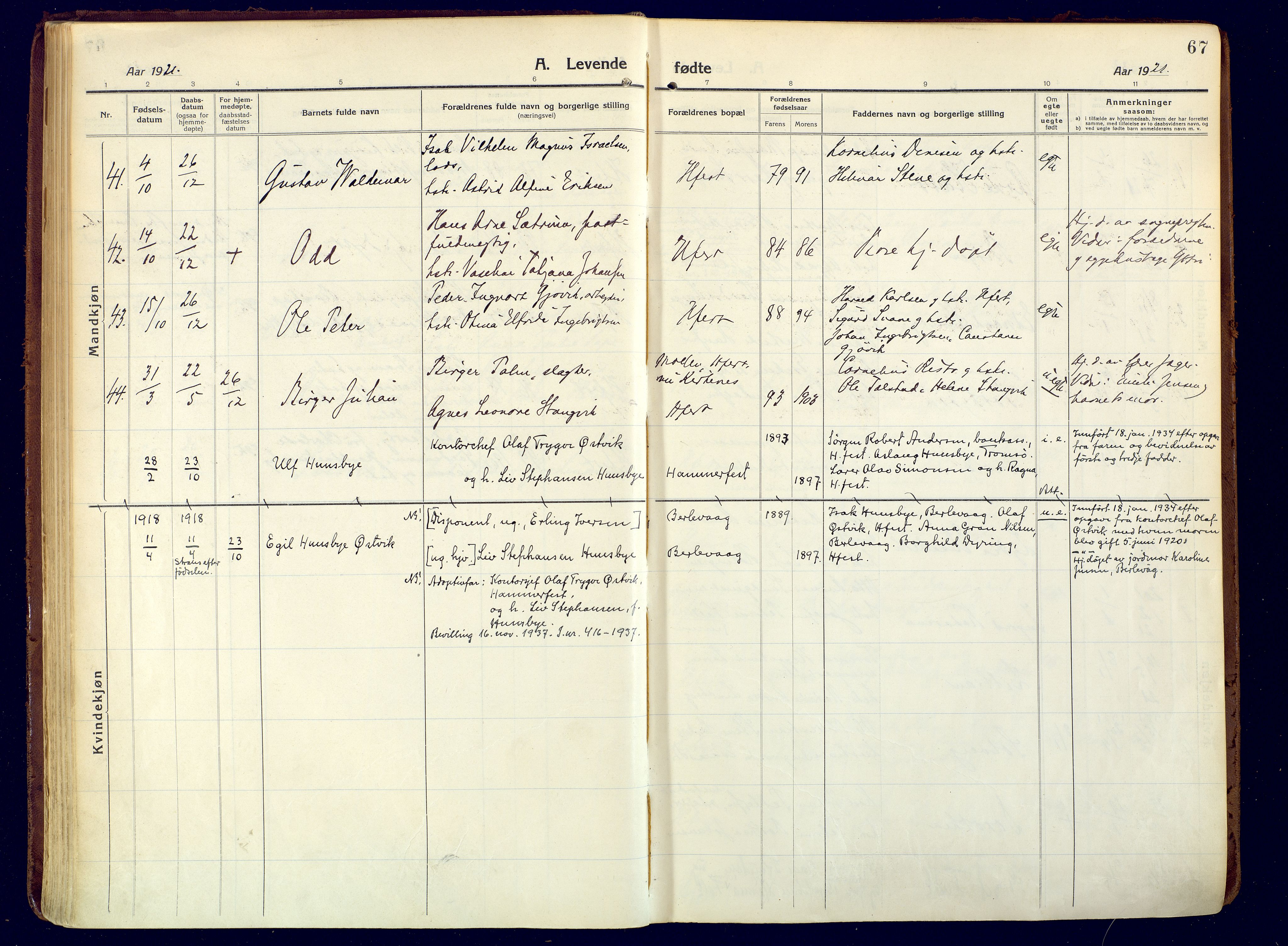 Hammerfest sokneprestkontor, SATØ/S-1347/H/Ha/L0015.kirke: Parish register (official) no. 15, 1916-1923, p. 67
