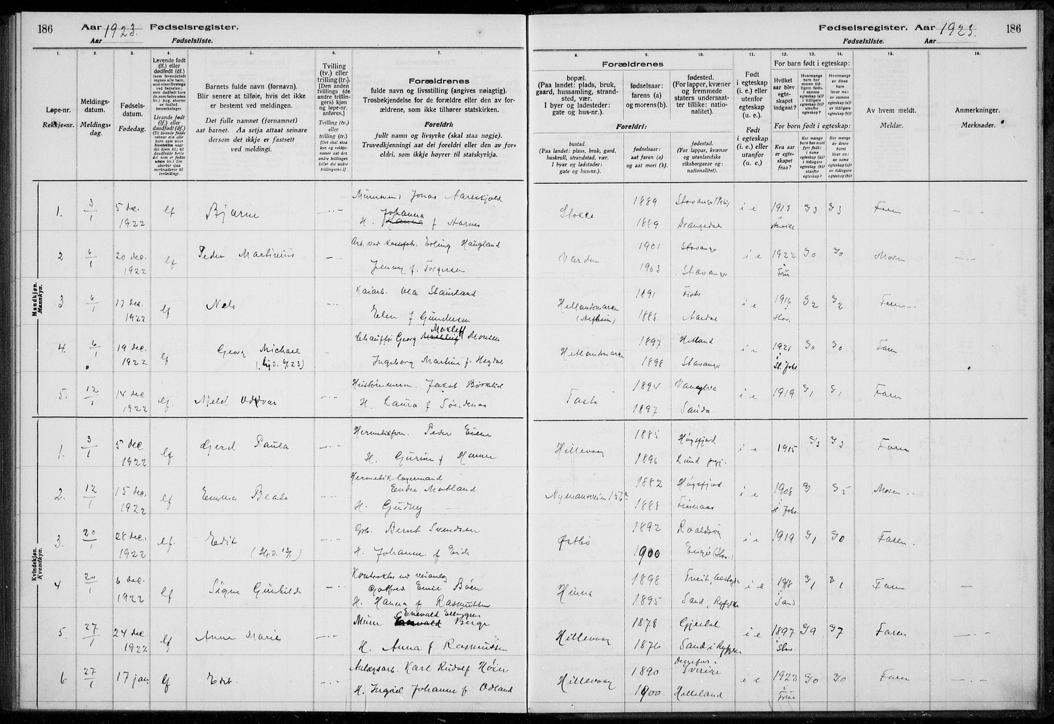 Hetland sokneprestkontor, AV/SAST-A-101826/70/704BA/L0003: Birth register no. 1, 1916-1923, p. 186