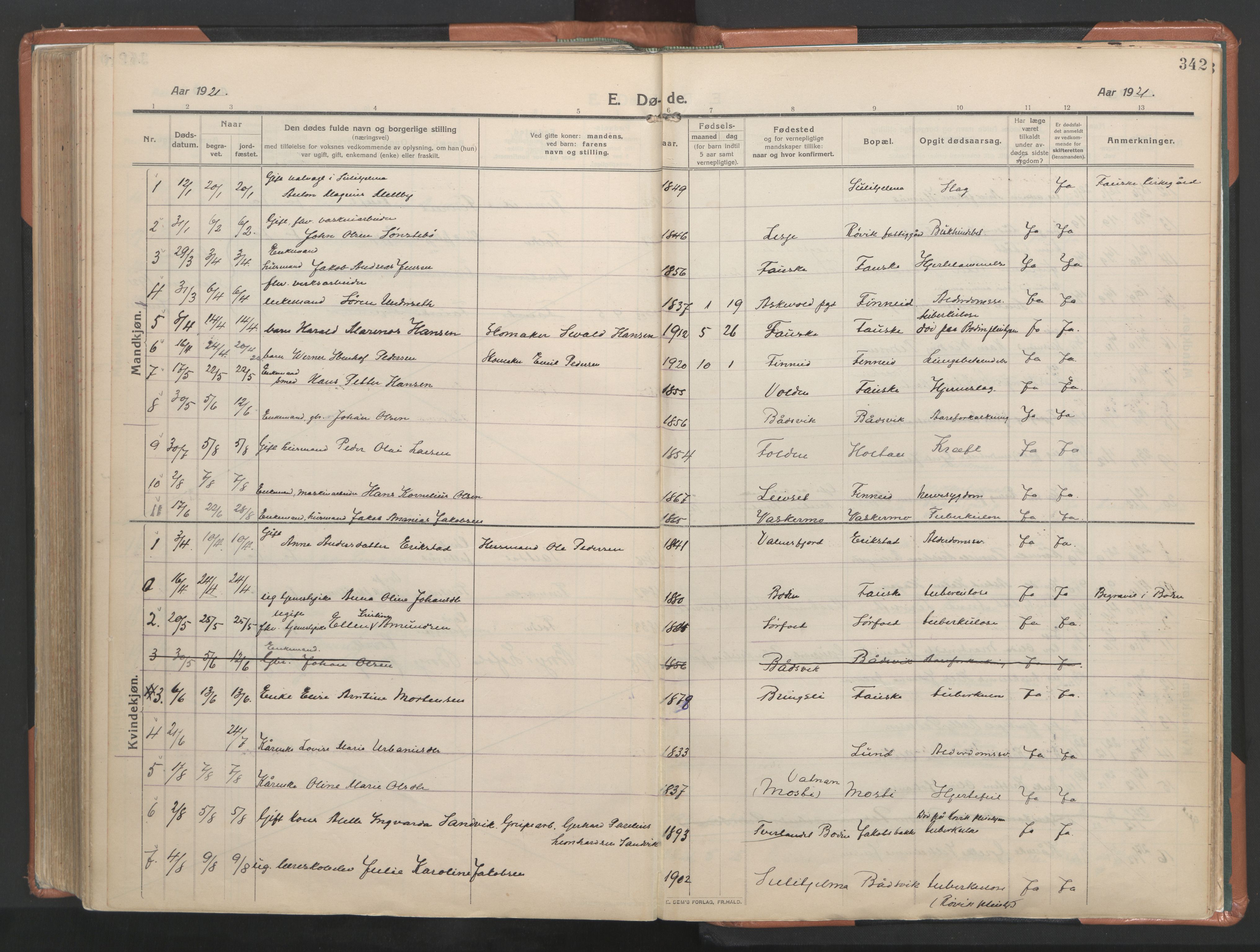 Ministerialprotokoller, klokkerbøker og fødselsregistre - Nordland, SAT/A-1459/849/L0698: Parish register (official) no. 849A09, 1911-1924, p. 342