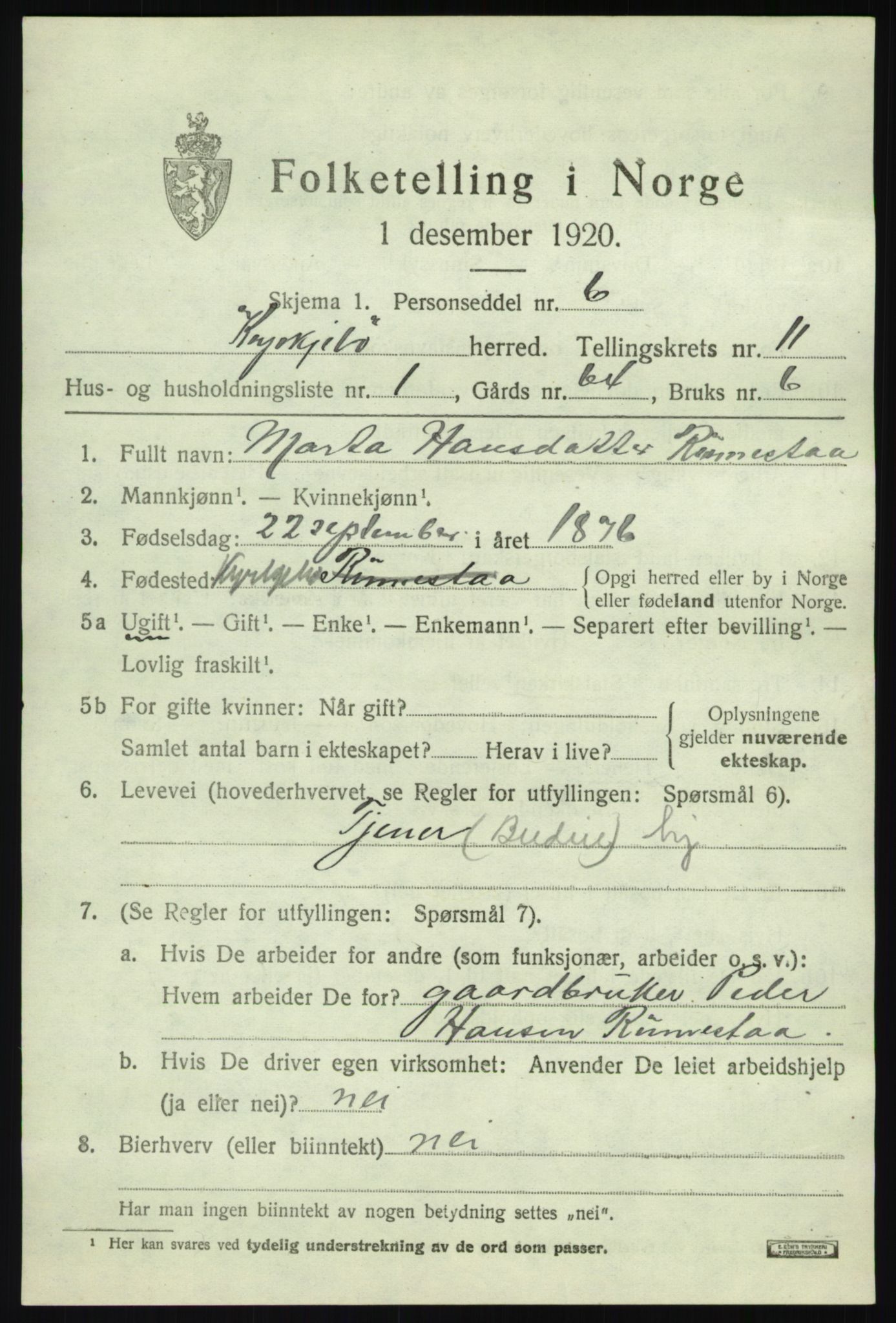 SAB, 1920 census for Kyrkjebø, 1920, p. 5725