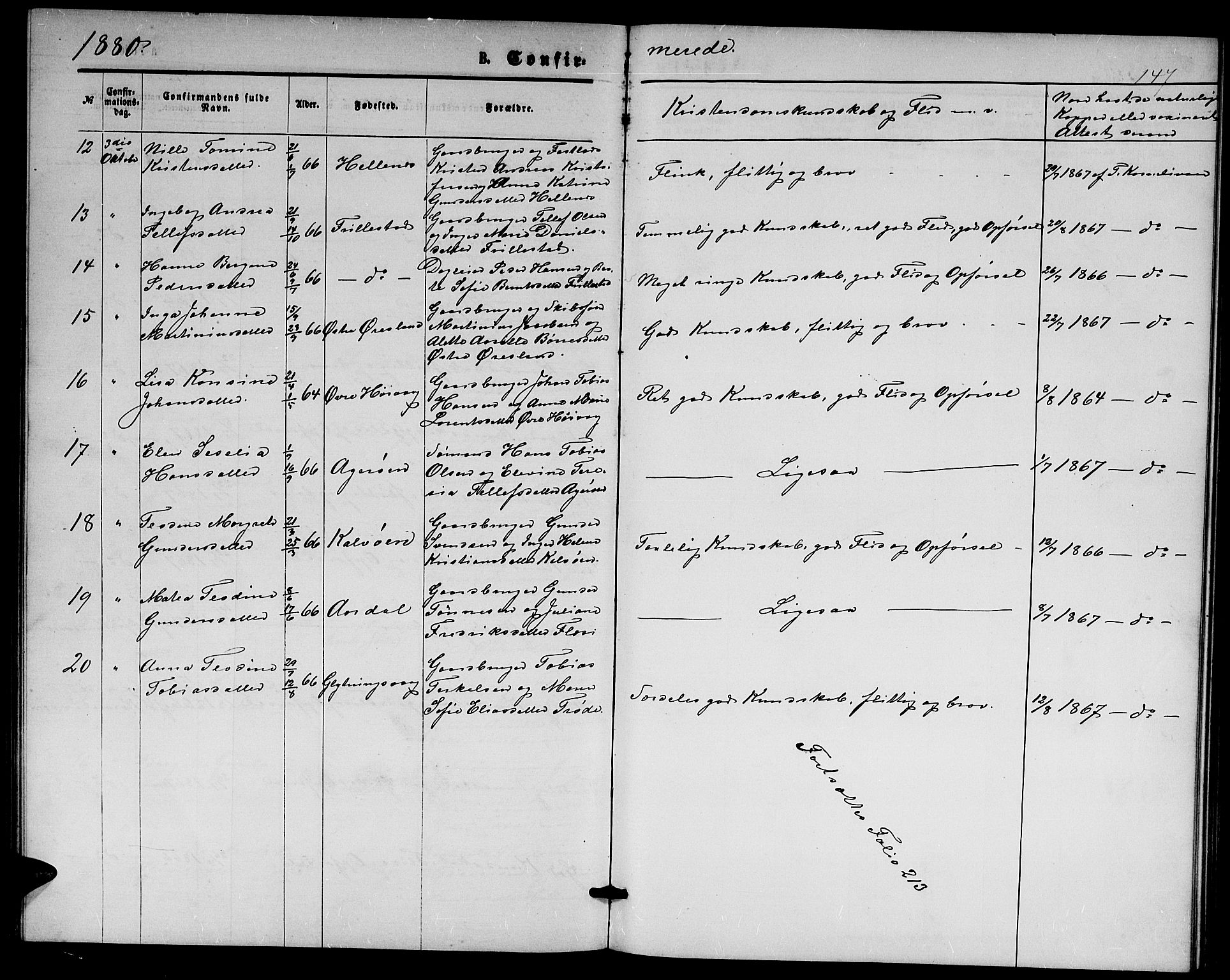 Høvåg sokneprestkontor, AV/SAK-1111-0025/F/Fb/L0003: Parish register (copy) no. B 3, 1870-1882, p. 147