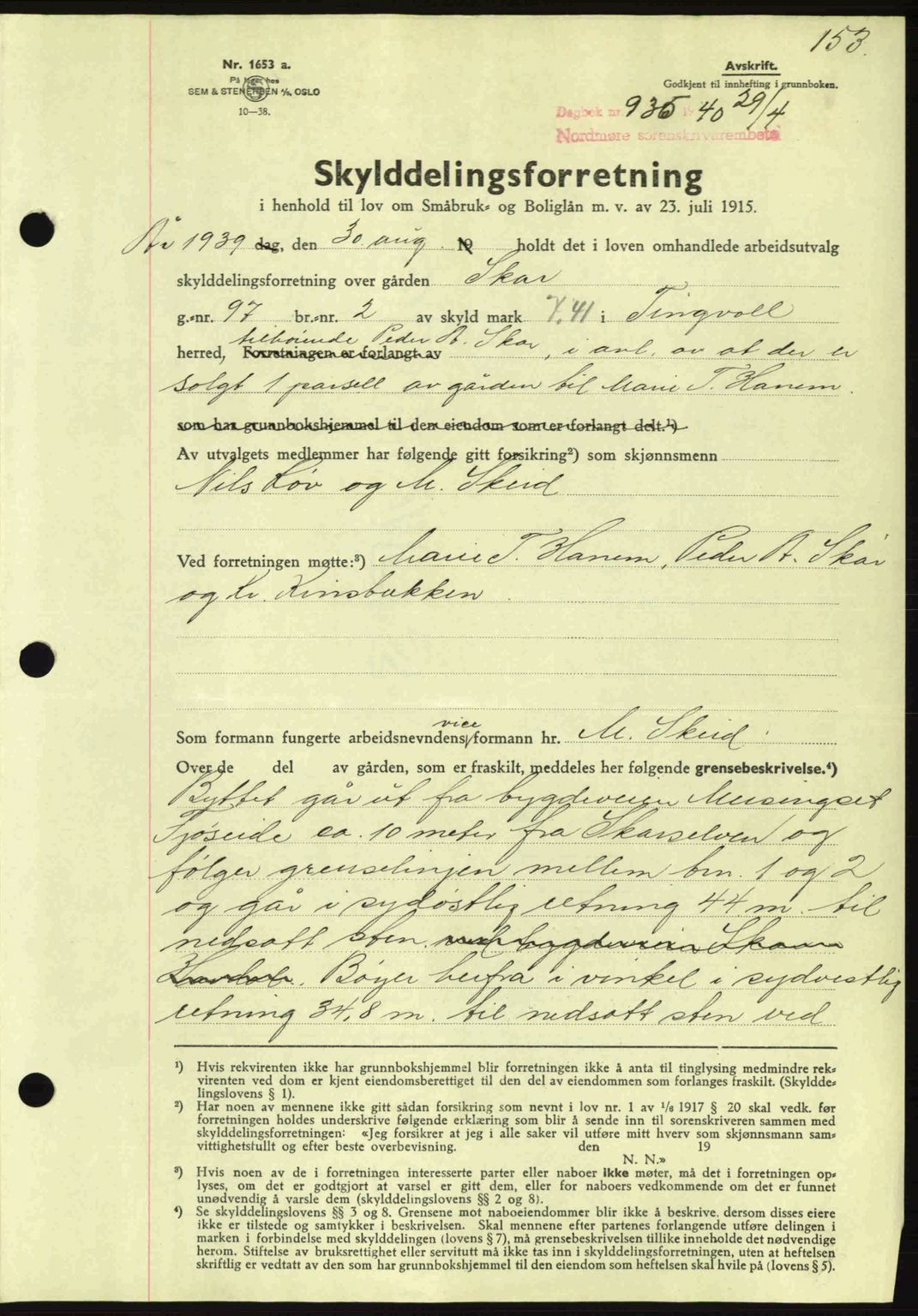 Nordmøre sorenskriveri, AV/SAT-A-4132/1/2/2Ca: Mortgage book no. A88, 1940-1940, Diary no: : 935/1940