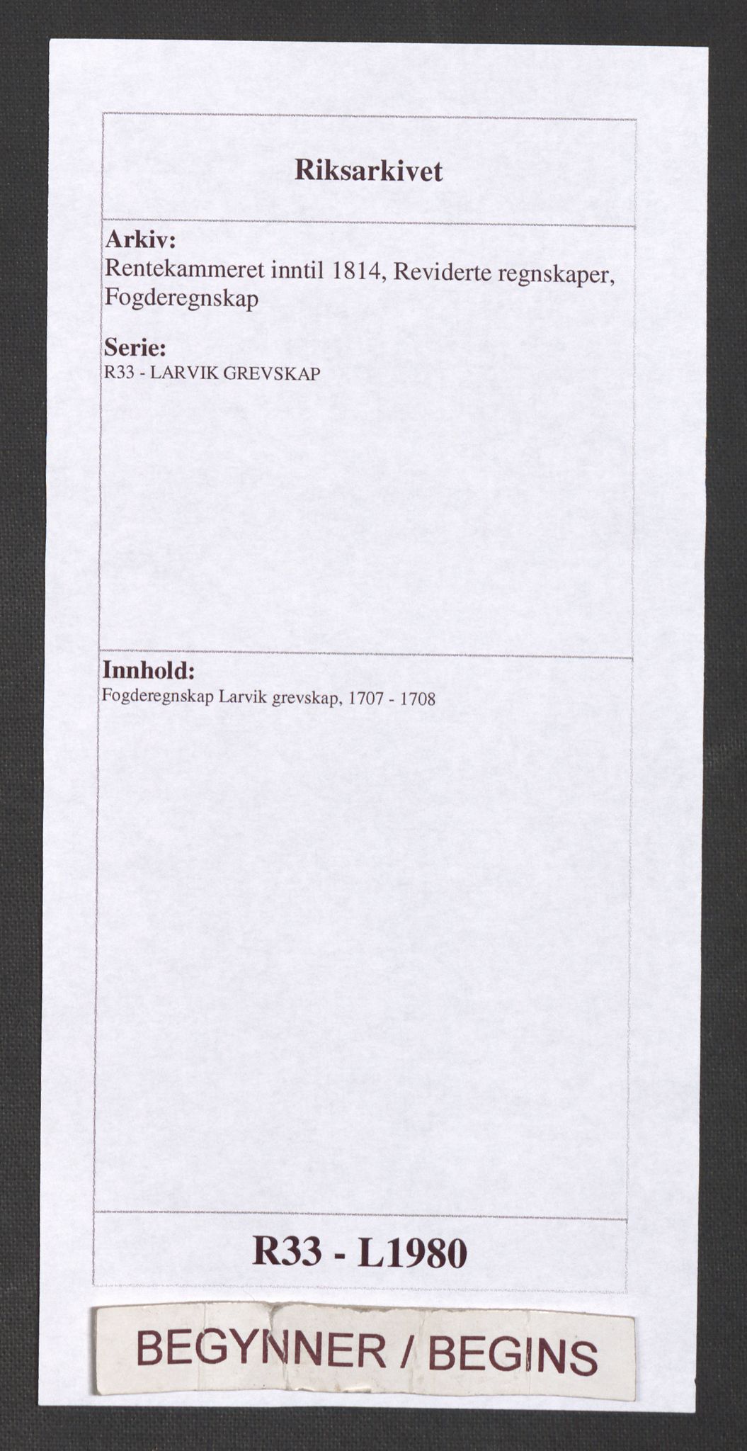 Rentekammeret inntil 1814, Reviderte regnskaper, Fogderegnskap, AV/RA-EA-4092/R33/L1980: Fogderegnskap Larvik grevskap, 1707-1708, p. 1