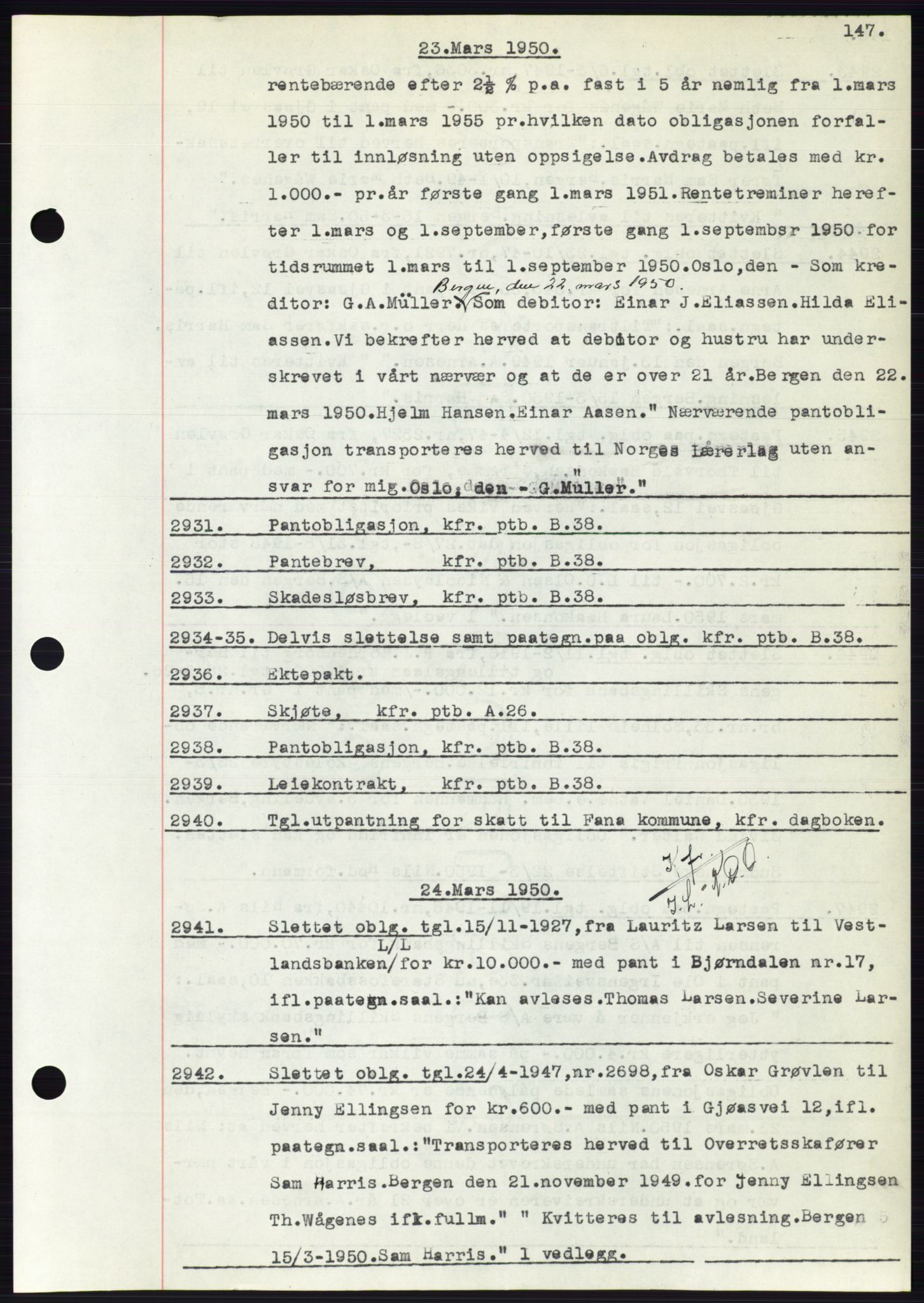 Byfogd og Byskriver i Bergen, AV/SAB-A-3401/03: Mortgage book no. C 38, 1949-1950, Diary no: : 2931/1950