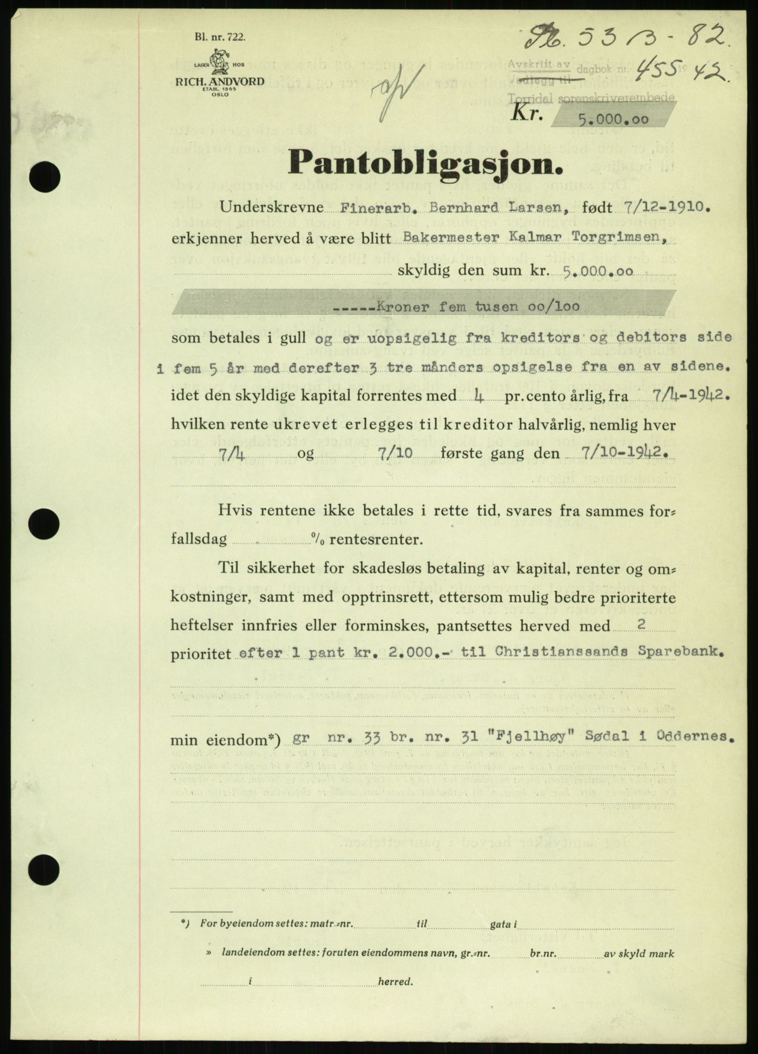 Torridal sorenskriveri, SAK/1221-0012/G/Gb/Gbb/L0009: Mortgage book no. 53b, 1942-1943, Diary no: : 455/1942