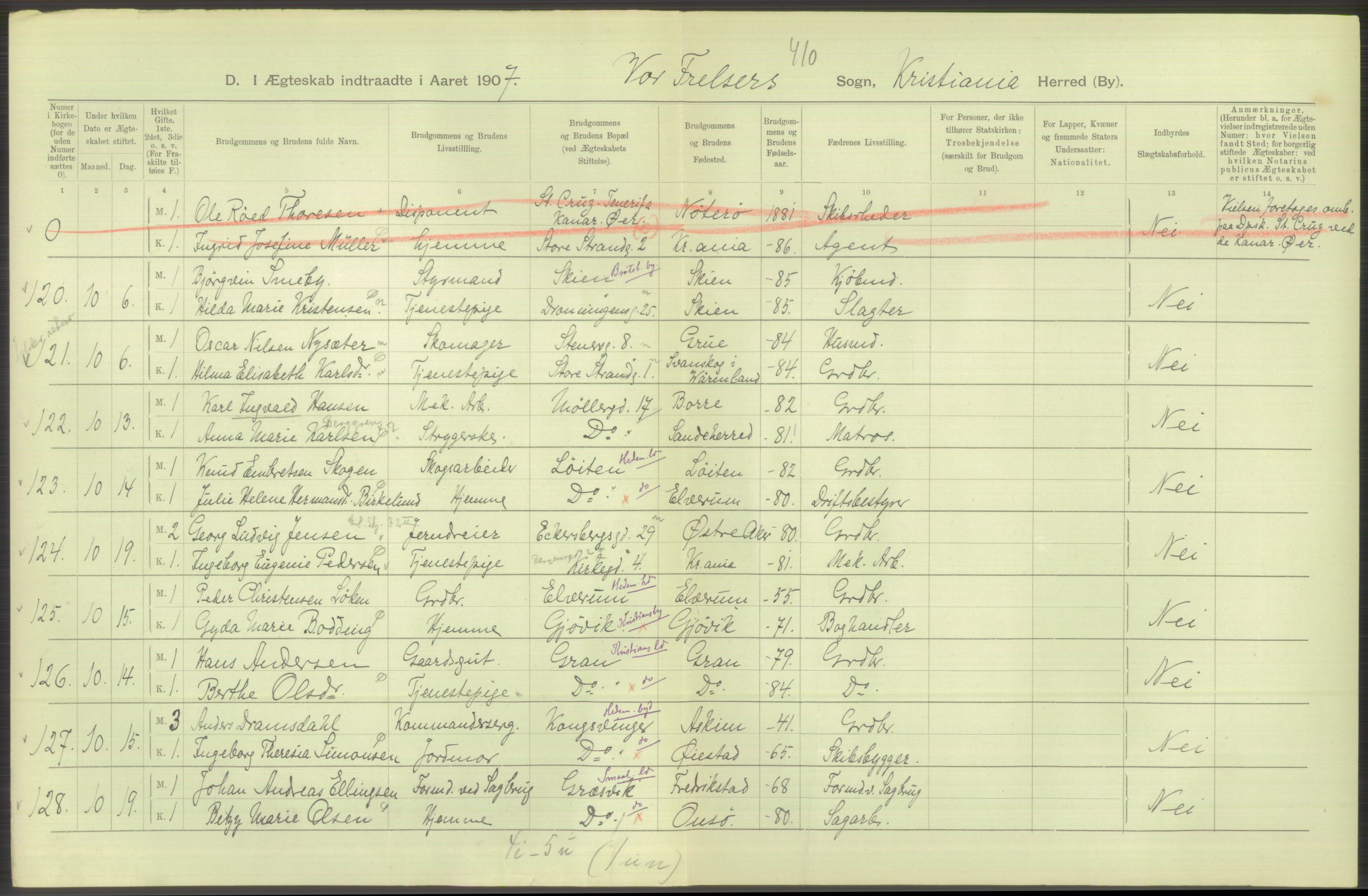 Statistisk sentralbyrå, Sosiodemografiske emner, Befolkning, AV/RA-S-2228/D/Df/Dfa/Dfae/L0008: Kristiania: Gifte, 1907, p. 284