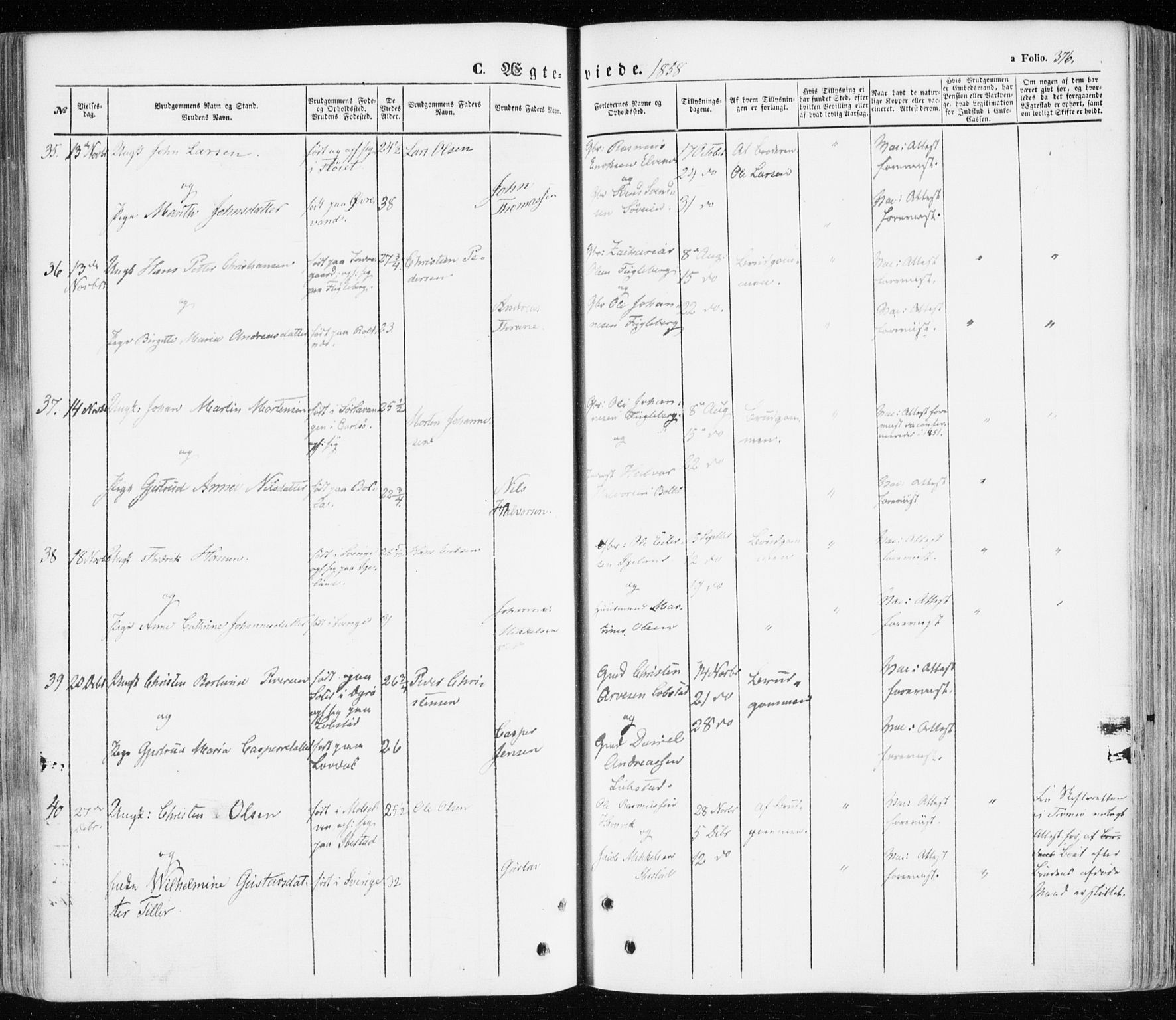 Ibestad sokneprestembete, SATØ/S-0077/H/Ha/Haa/L0008kirke: Parish register (official) no. 8, 1850-1859, p. 376