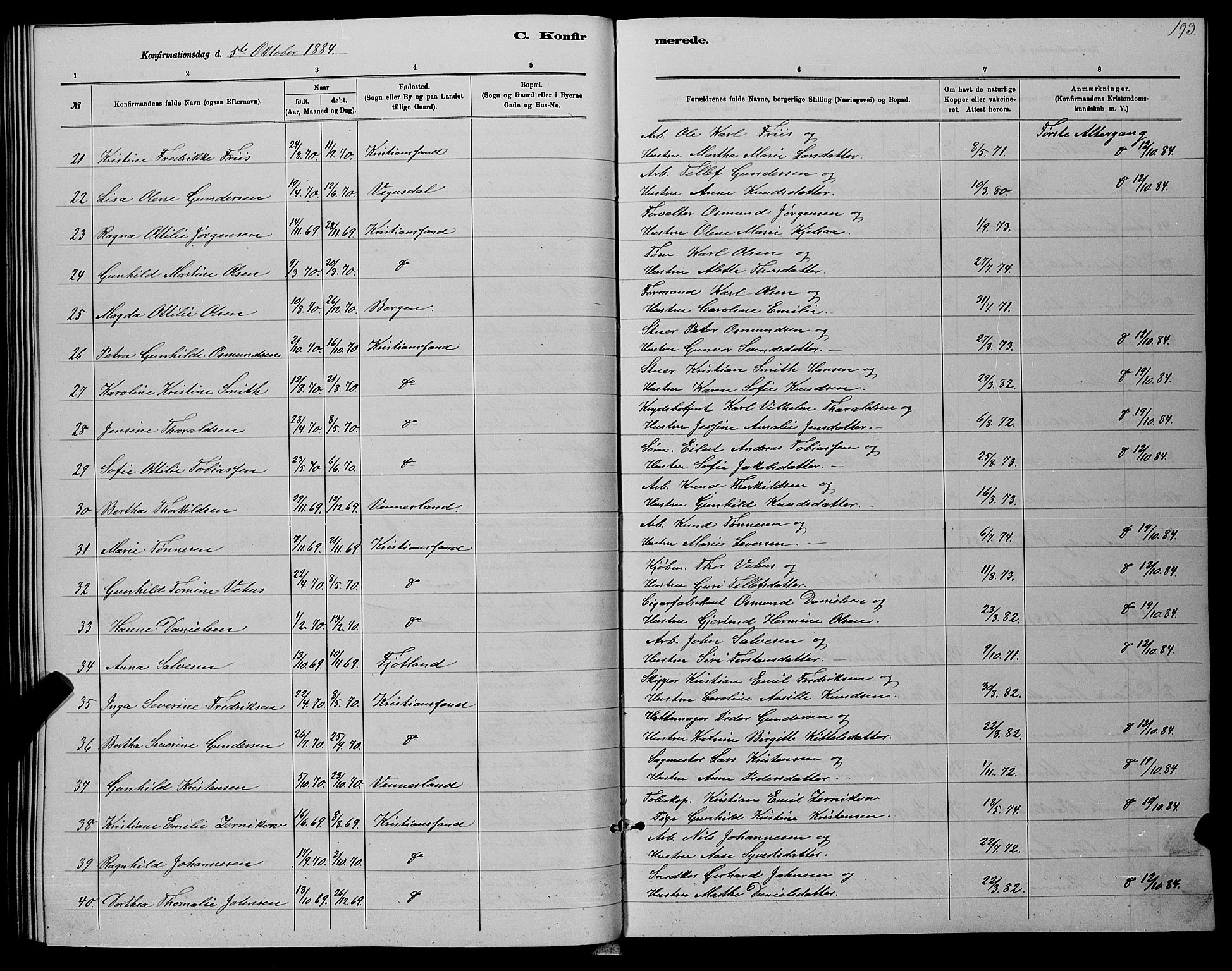 Kristiansand domprosti, SAK/1112-0006/F/Fb/L0016: Parish register (copy) no. B 16, 1881-1893, p. 193