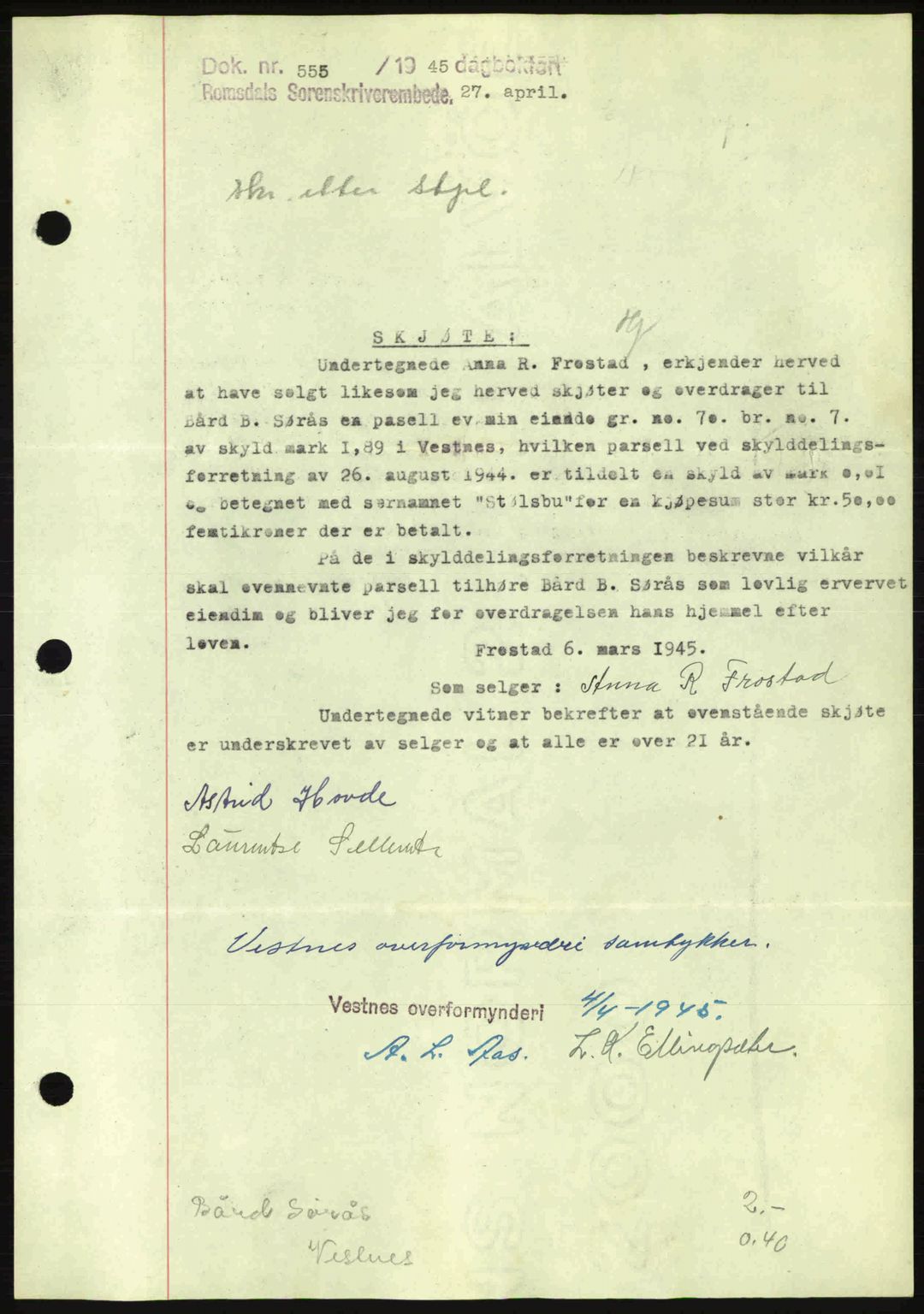 Romsdal sorenskriveri, AV/SAT-A-4149/1/2/2C: Mortgage book no. A17, 1944-1945, Diary no: : 555/1945