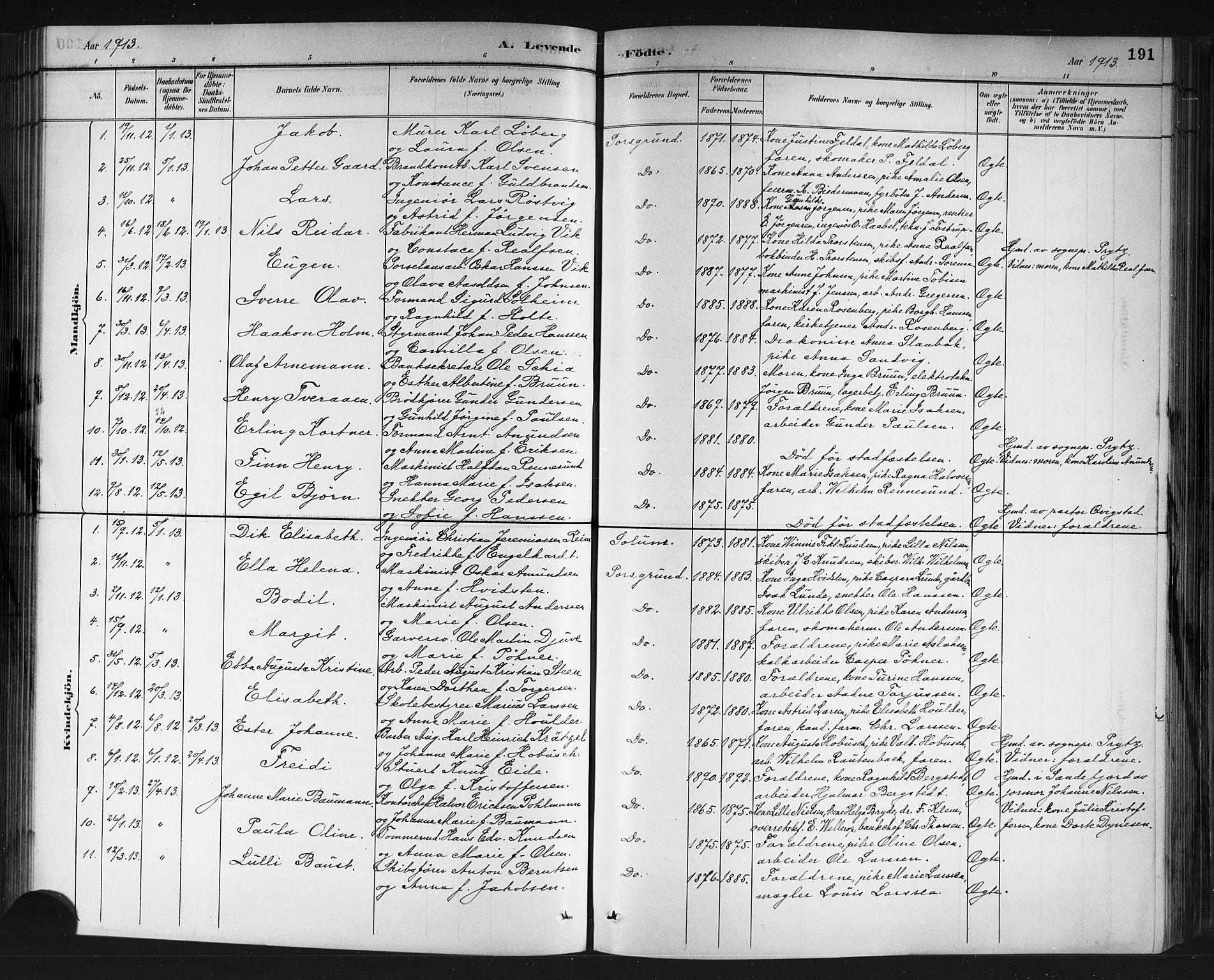 Porsgrunn kirkebøker , AV/SAKO-A-104/G/Gb/L0005: Parish register (copy) no. II 5, 1883-1915, p. 191