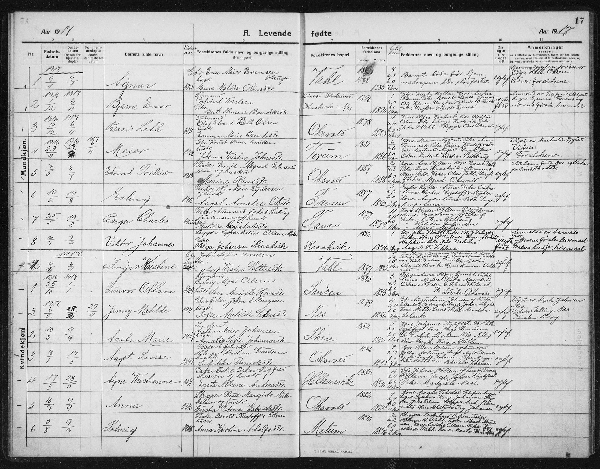 Ministerialprotokoller, klokkerbøker og fødselsregistre - Sør-Trøndelag, SAT/A-1456/652/L0654: Parish register (copy) no. 652C02, 1910-1937, p. 17
