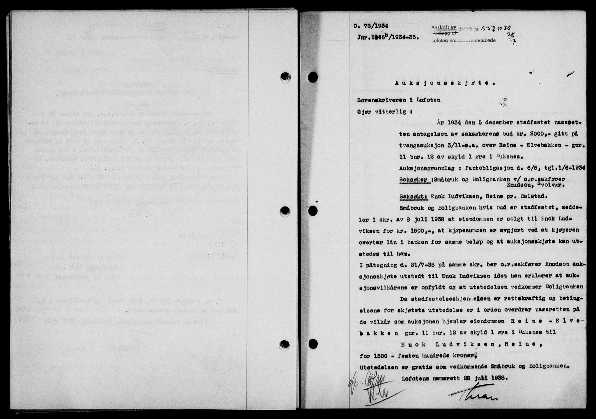 Lofoten sorenskriveri, SAT/A-0017/1/2/2C/L0004a: Mortgage book no. 4a, 1938-1938, Diary no: : 1552/1938