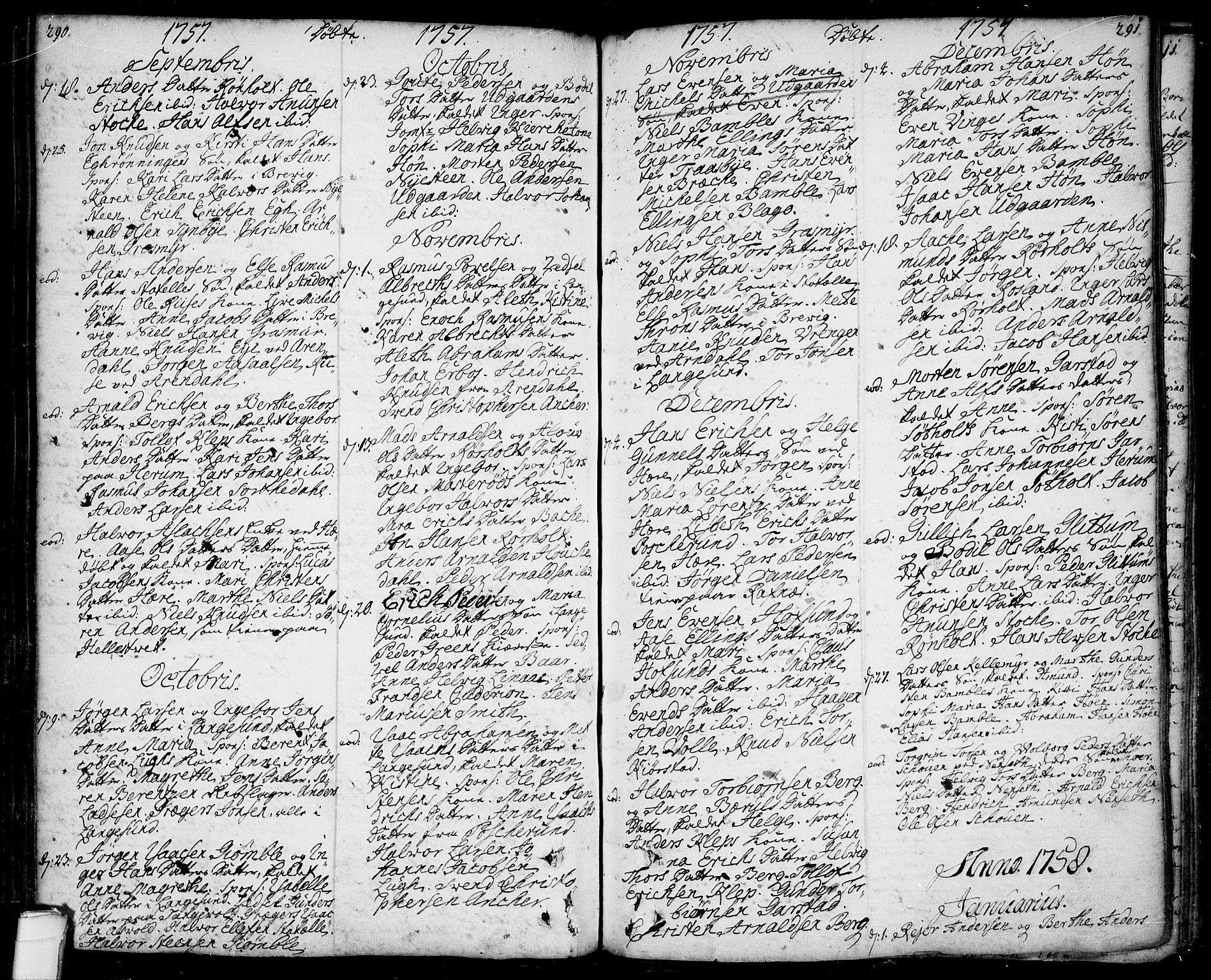Bamble kirkebøker, SAKO/A-253/F/Fa/L0001: Parish register (official) no. I 1, 1702-1774, p. 290-291