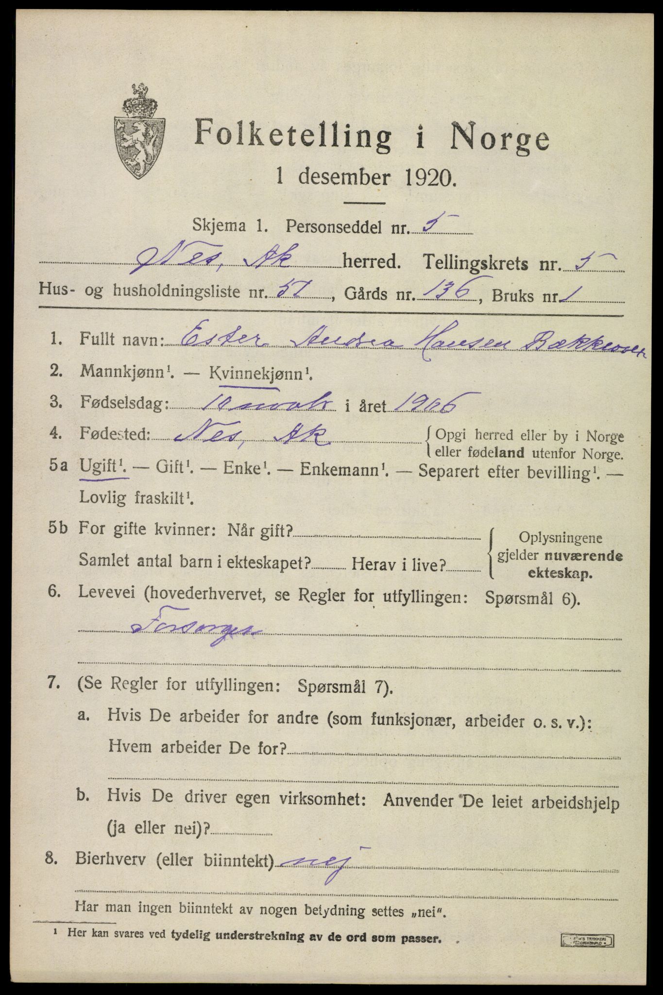 SAO, 1920 census for Nes, 1920, p. 7108