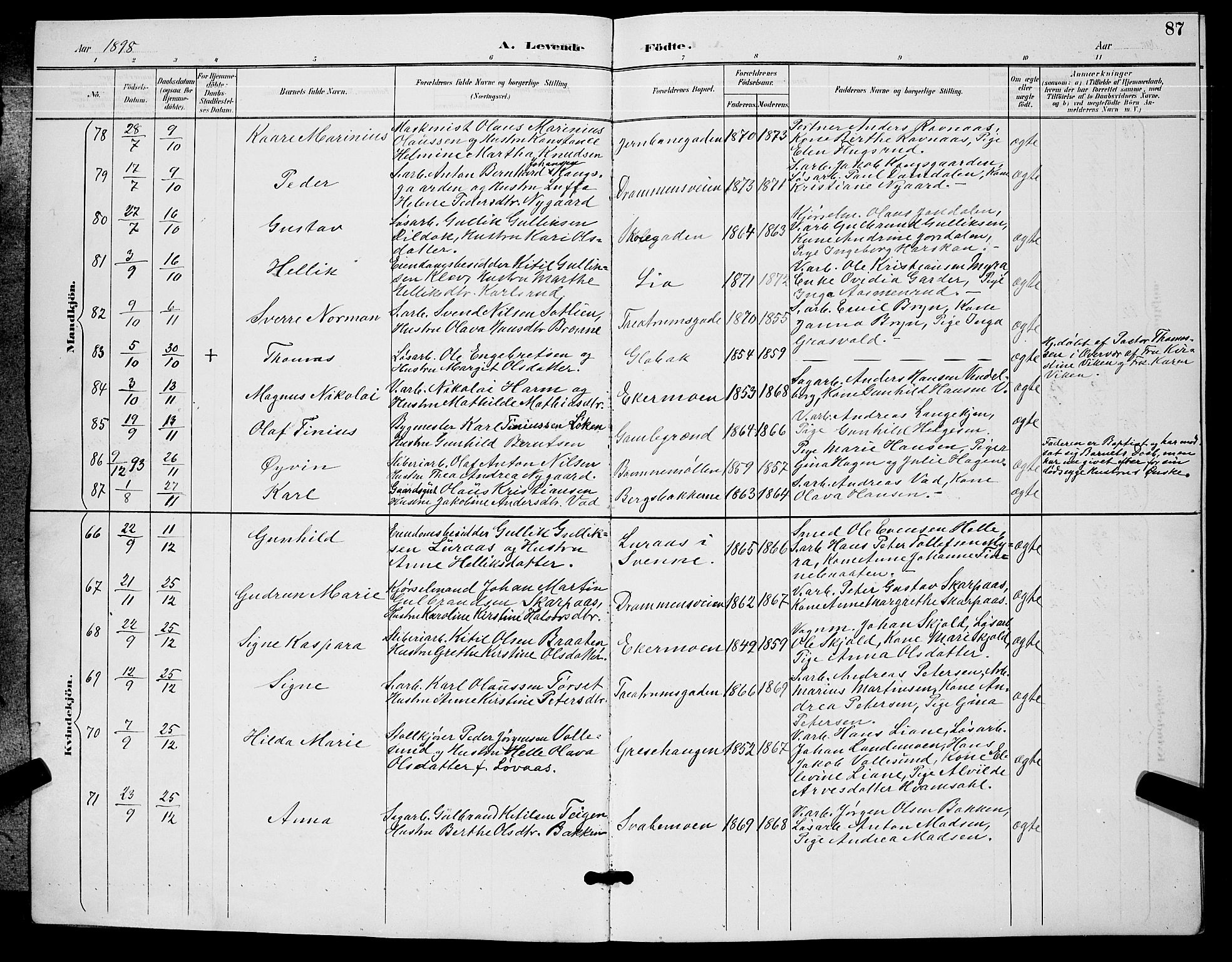 Kongsberg kirkebøker, AV/SAKO-A-22/G/Ga/L0006: Parish register (copy) no. 6, 1890-1901, p. 87